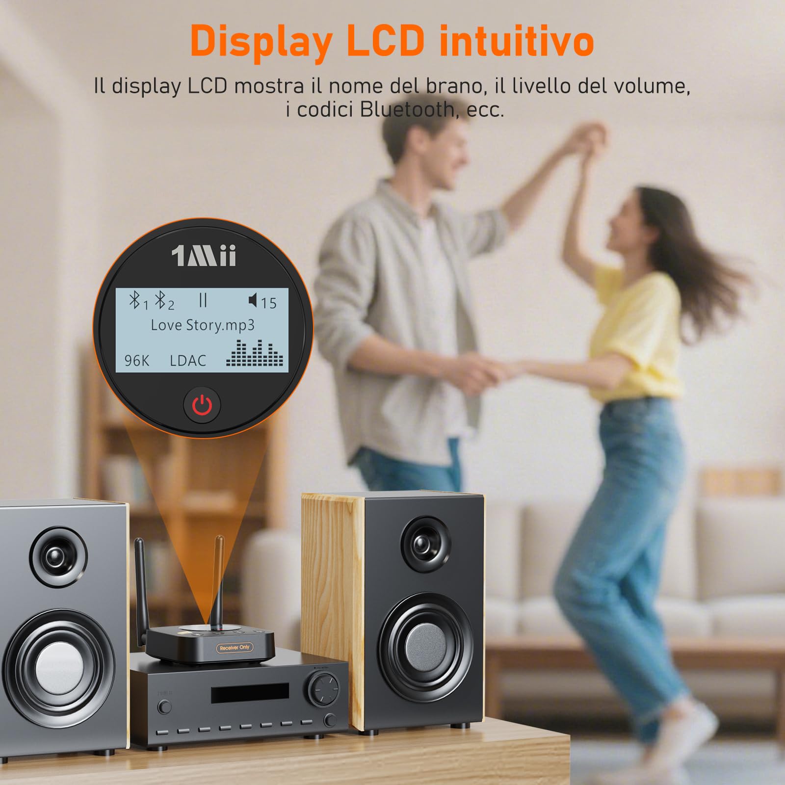 1Mii B06Pro+ Ricevitore Bluetooth HiFi, Adattatore Audio Wireless Bluetooth 5.3 Hi-Res LDAC per Stereo, aptX HD/Bassa Latenza, con Uscita Ottica/AUX, Controllo del Volume, Display LCD, Lungo Raggio