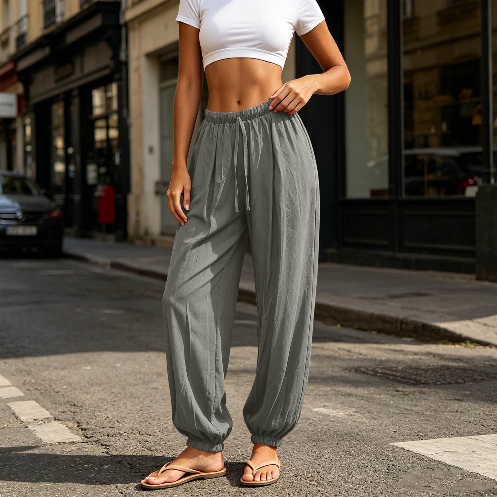 Pantalone Lino Donna Pantaloni da Yoga da Donna a Tinta Unita con Tasche, Dritti, Elasticizzati, vestibilità Ampia, Pantaloni a Contrasto Tinta Unita Estivi Larghi