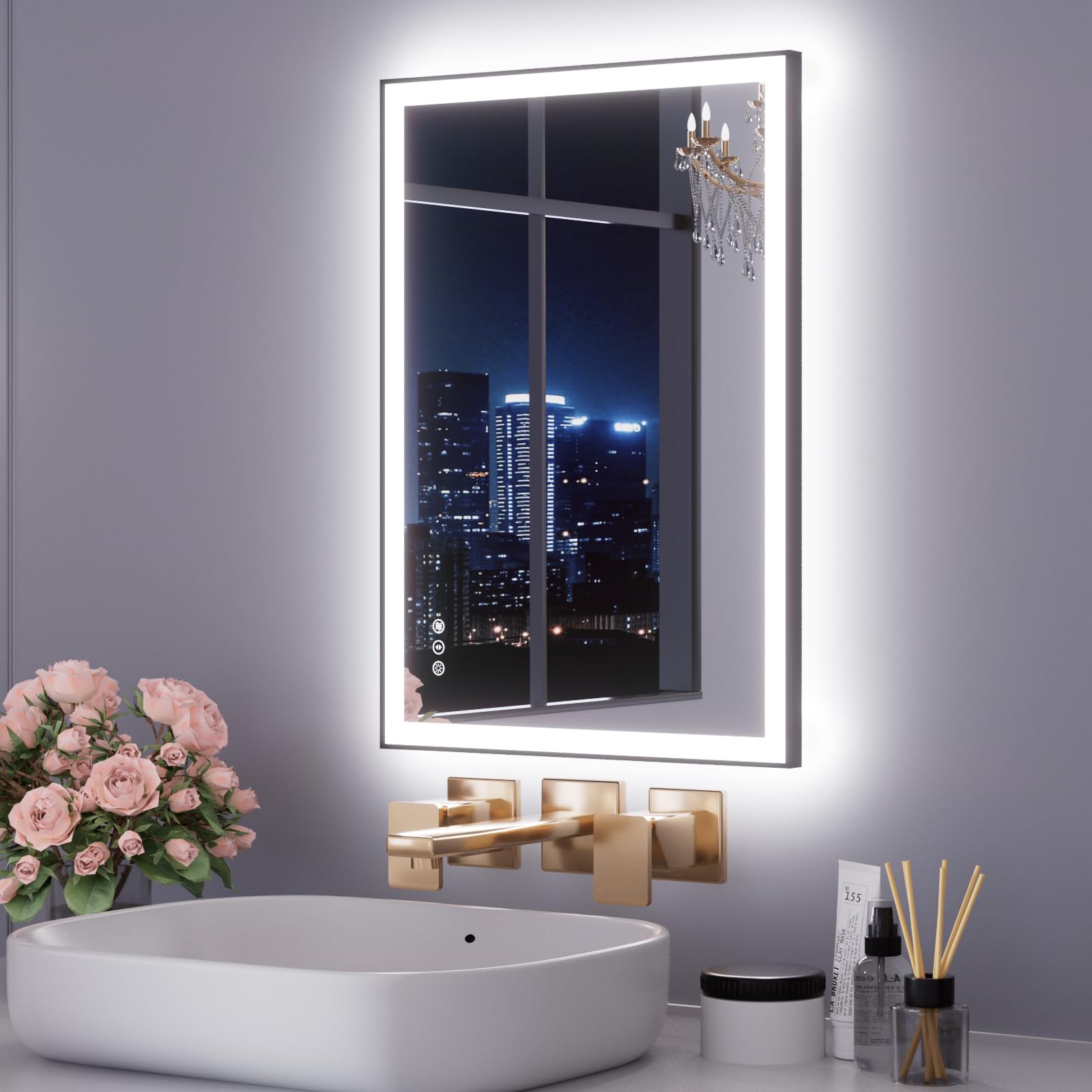 WTTY 24"x32" LED Bathroom Mirror with Black Frame