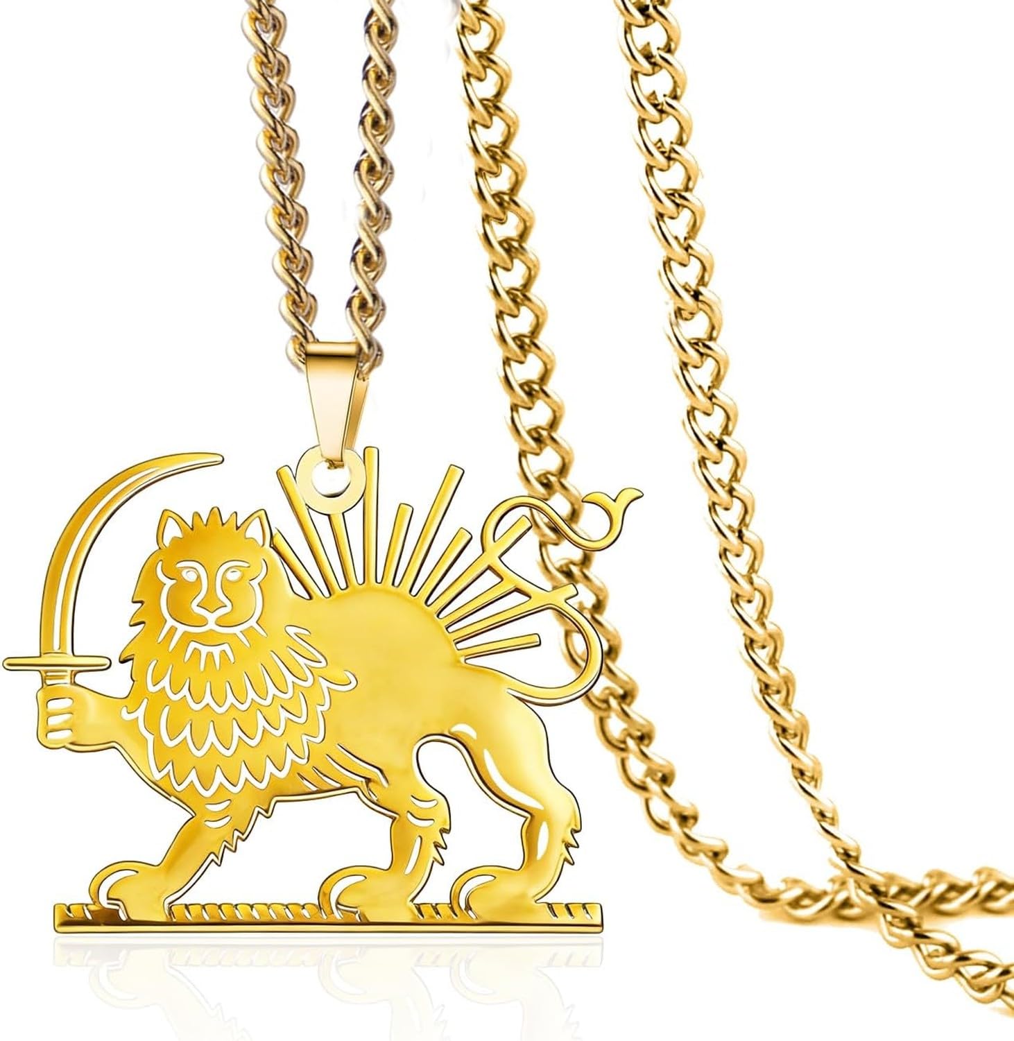 GYFGRTQ Steel Necklace Lion and Sun Pendant Shir Khorshid Persian Jewelry Ancient Iranian Pendant, Gold