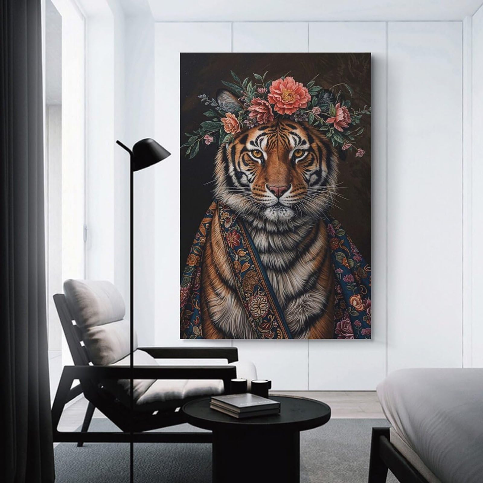 Junmoney Tiger with Flowers Room Decor Wall Art, 24x36inch(60x90cm), for Front Hall, Corridor Or Welcome Spaces, A Neat Decor Update for Hallways