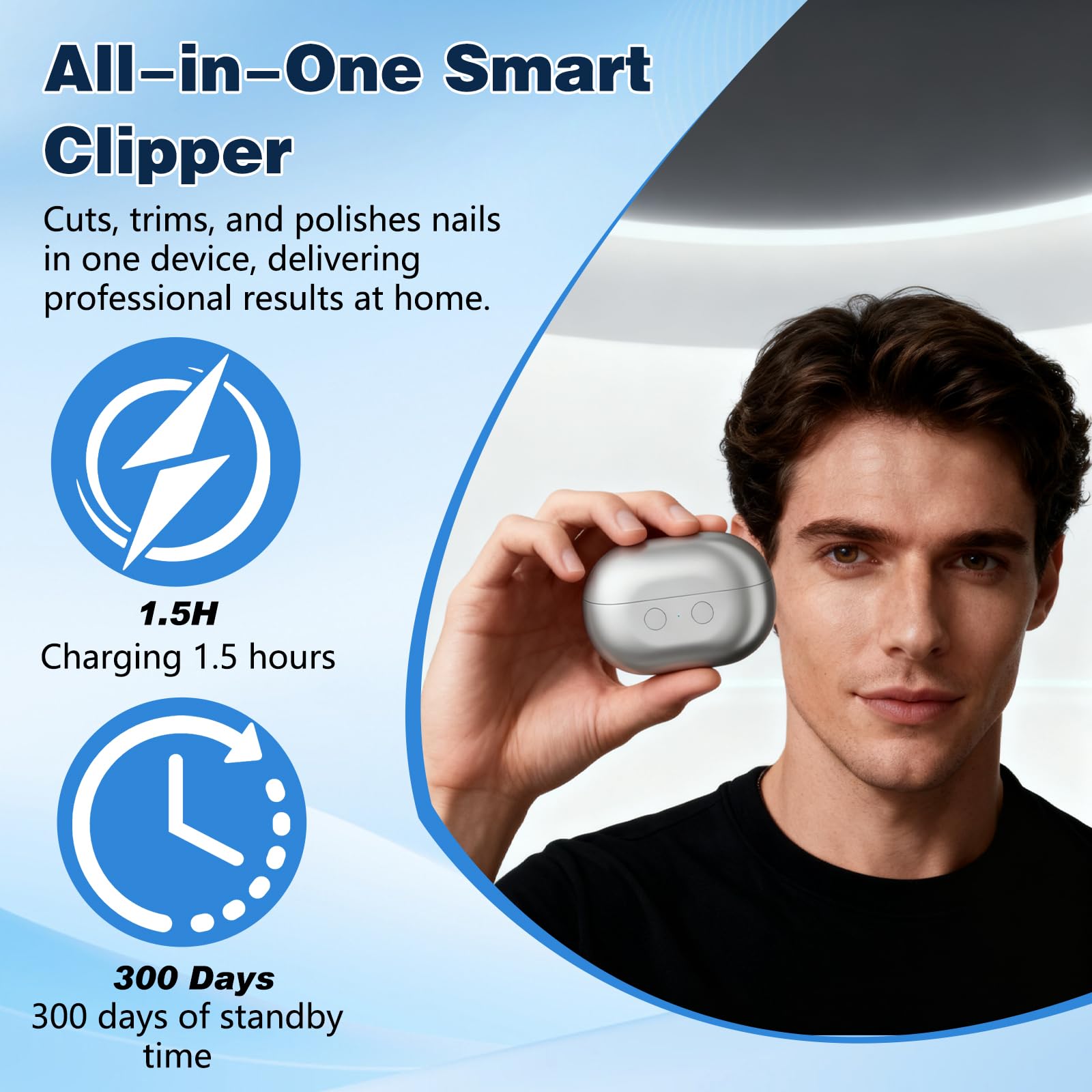 Easyclip Inteligentny obcinacz do paznokci, 3 w 1, łatwy klips, inteligentny obcinacz do paznokci, ze światłem LED, przechowywanie i polerowanie, dla seniorów, dzieci (szary)