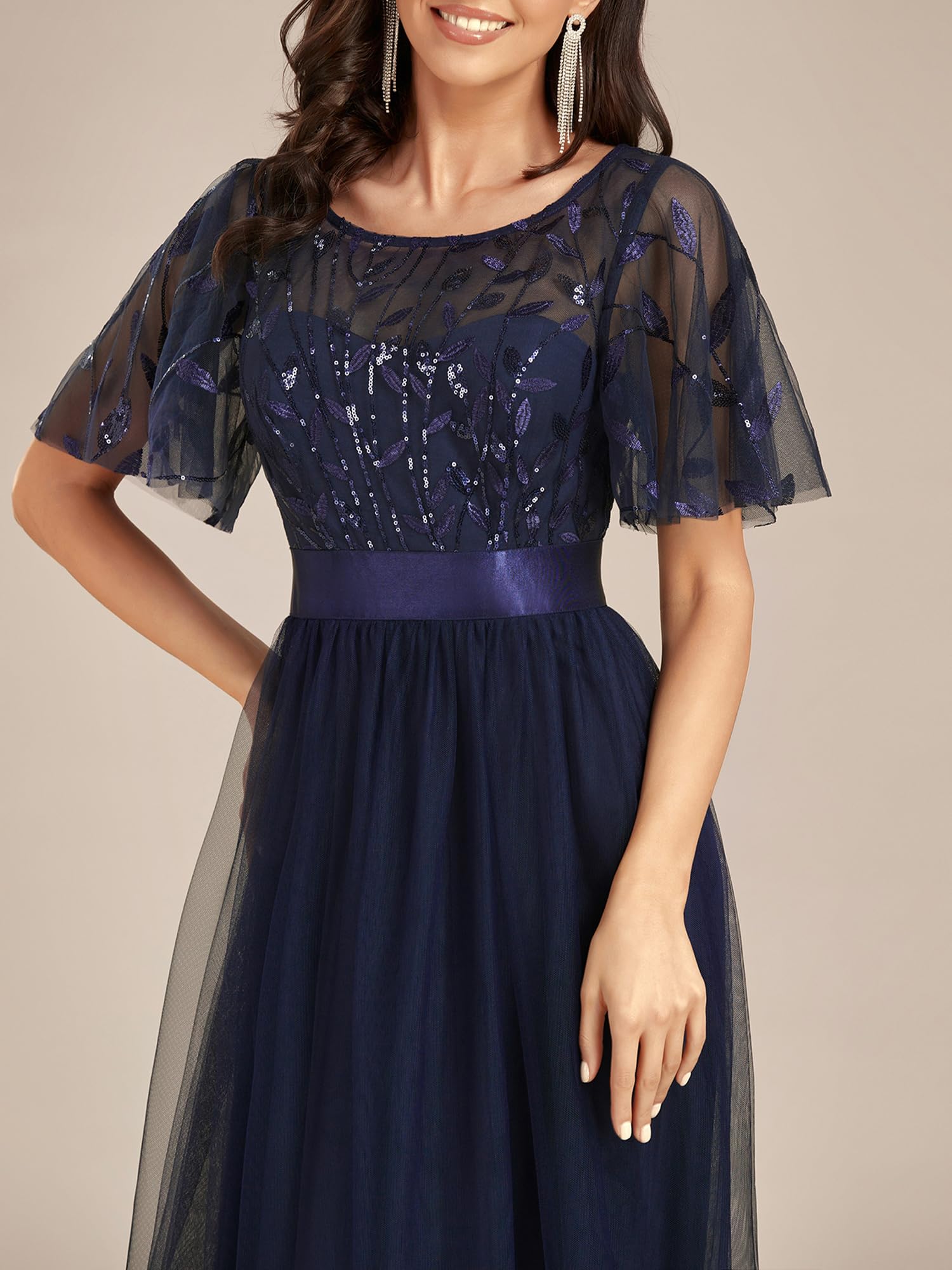 Ever-Pretty Damen Abendkleid A-Linie Spitze Kurze Ärmel Partykleid lang 00904