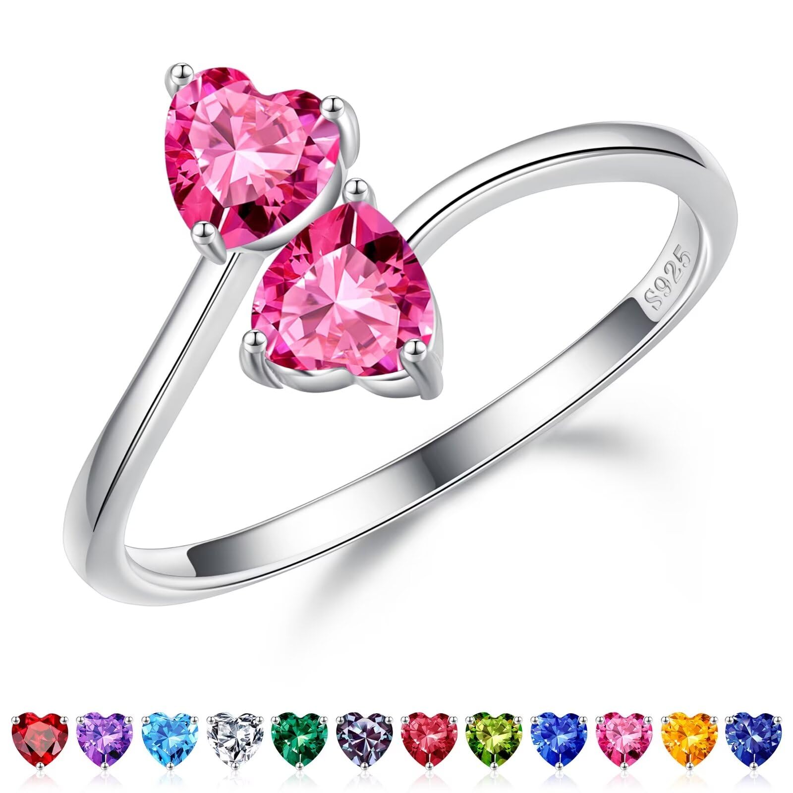 Iefil Adjustable Birthstone Rings for Women - 925 Sterling Silver Double Birthstone Rings, Anniversary & Birthday Gifts for Women, Personalized Jewelry Gifts for Wife, Mom, Girlfriend 10-10-Oct-Oct Birthstone