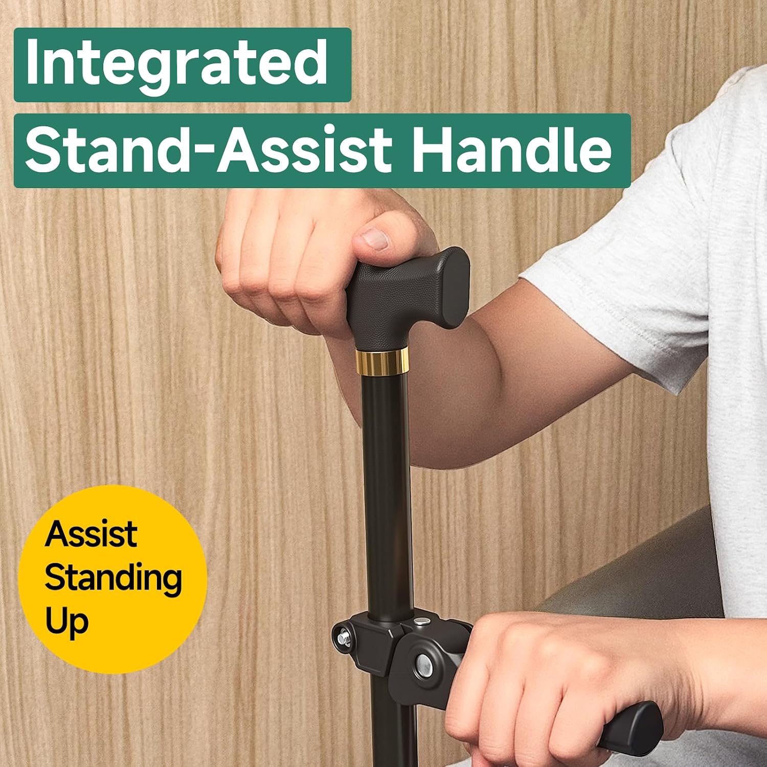 Walking Cane for Men/Women, with LED Light, Convertible Base, Height Adjustment and Foldable Walking Stick, with Integrated Stand-Assist Handle& Ergonomic Contoured Grip for Senior