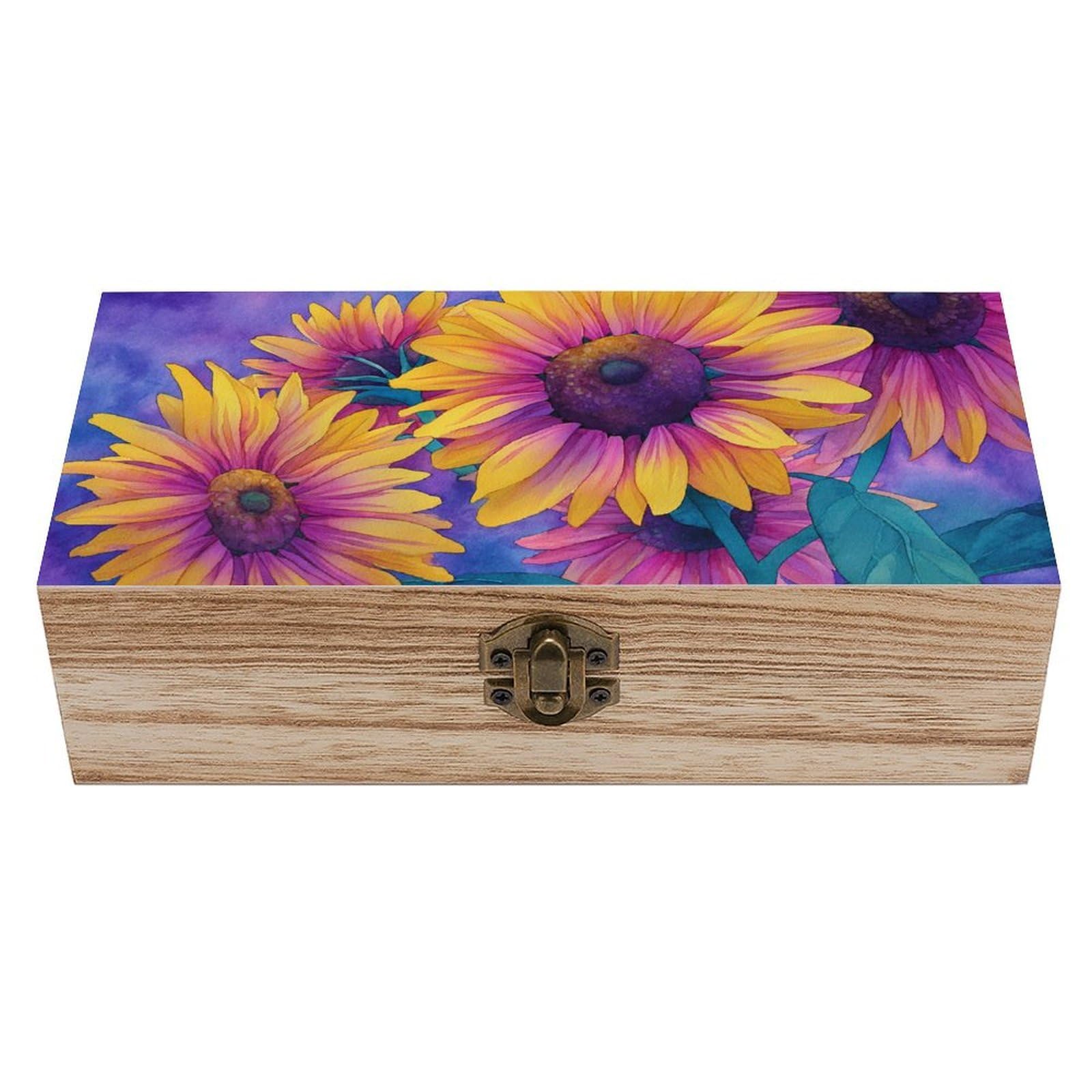Watercolor Vibrant Sunflowers on Lavender Wooden Storage Box with Hinged Li