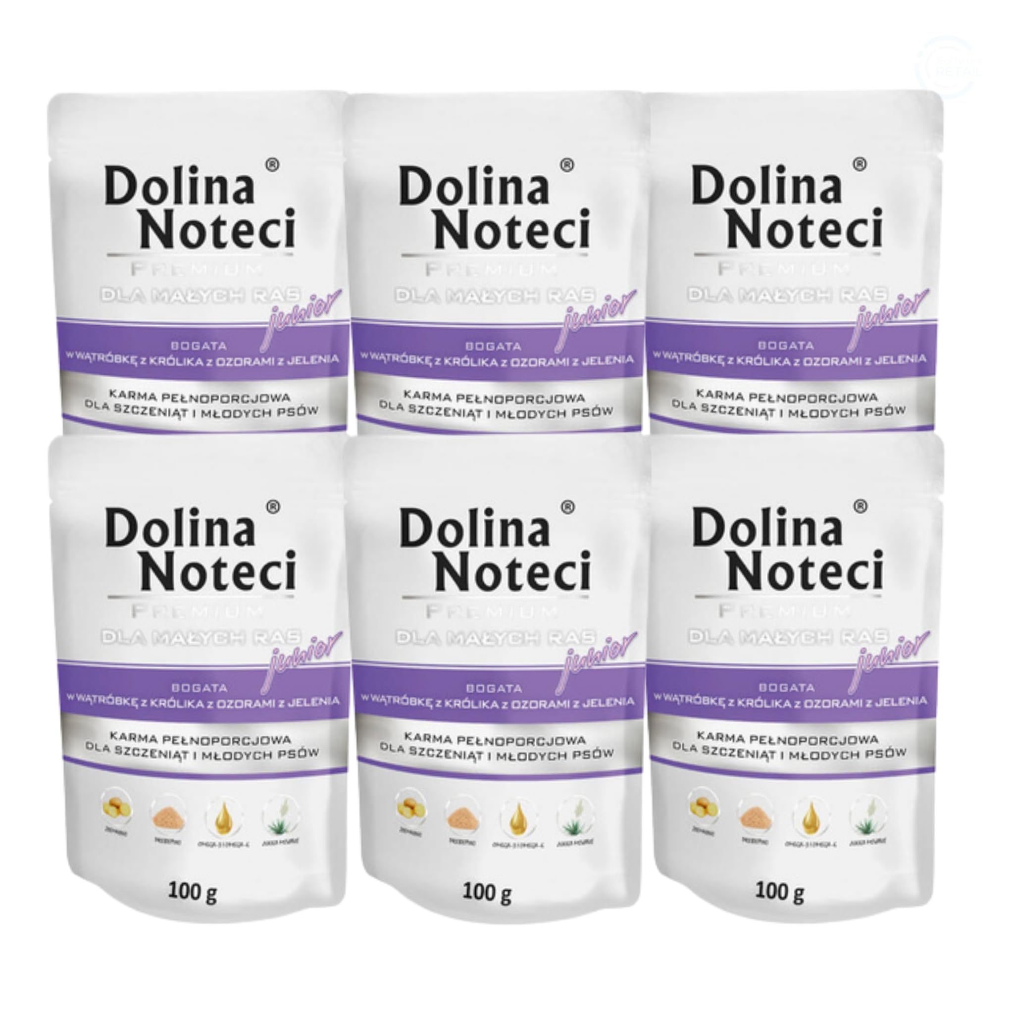 Dolina Noteci Premium Puppy Food for Small Breeds - Rabbit Liver & Deer Tongues - Complete Wet Dog Food - Grain-Free Natural Recipe - 6x 100g Pouches - Hypoallergenic