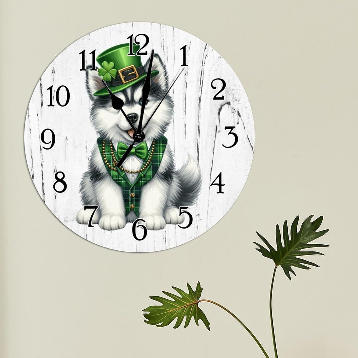 Siberian Husky Dog St. Patrick's Day Clock for Wall Siberian Husky Dog Green Leprechaun Hat Leaf Clock Dog Pet Portrait Wooden Clocks Non Ticking Battery Operated Wall Clock 12x12in