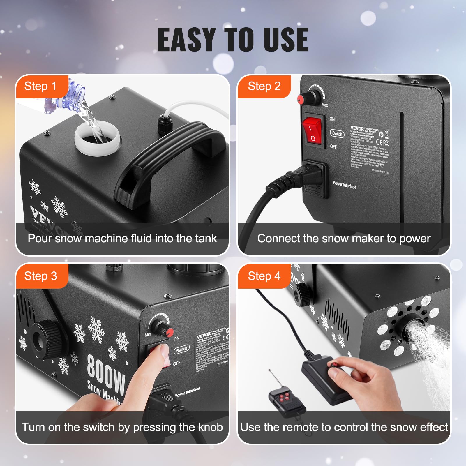 VEVOR Macchina per Neve 800 W, Macchina per Produzione di Neve Portatile Appesa Luce LED Serbatoio da 1 Litri, Macchina per Fiocchi di Neve con Telecomando, Macchina per Neve Finta per Feste Eventi