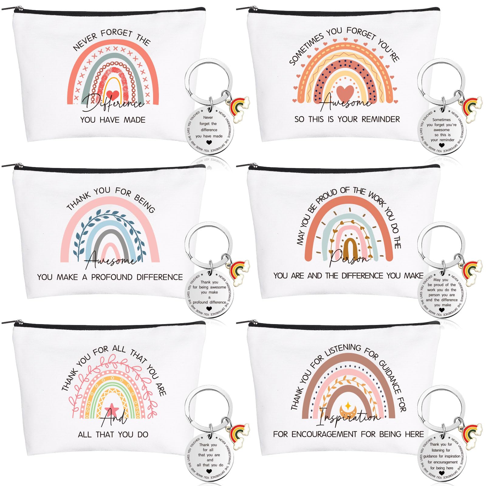 6 Sets Thank You Gifts Inspirational Gifts for Women Friendship Gifts Cosmetic Rainbow Makeup Bag with Inspirational Keyring, Birthday Gifts for Women Girl Sister Teacher Nurse