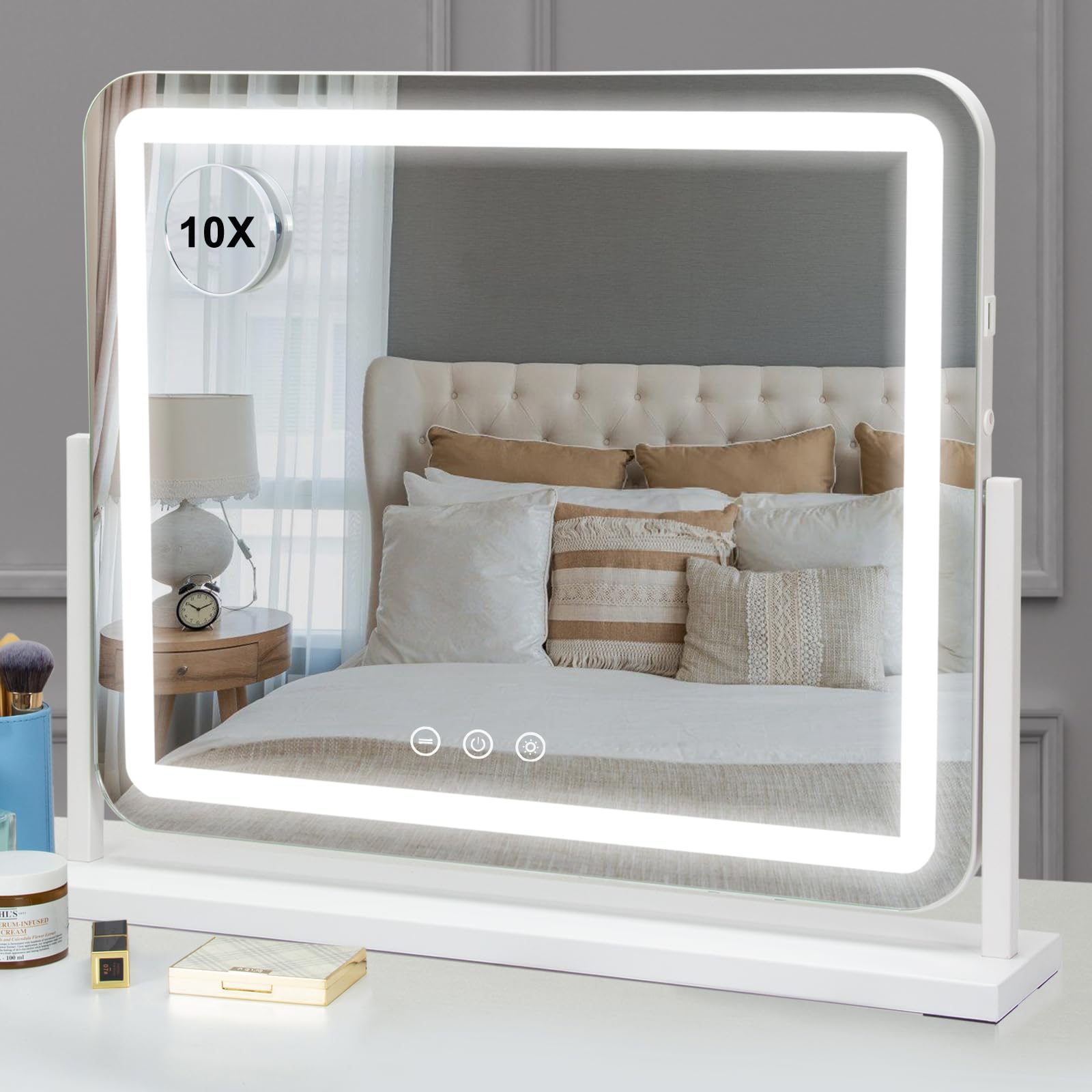 LIANWANG 360° Espejo de Maquillaje con Luz LED 55x45 cm, 3 Modos de Iluminación, Control Táctil, Cargador USB, Función de Memoria, Montaje en Pared y Sobremesa, Blanco