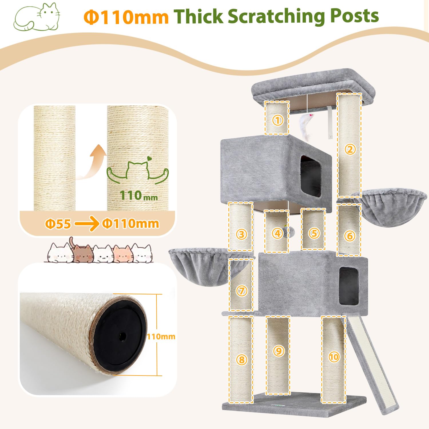 Globlazer Tiragraffi per gatti adulti xxl maine coon con Pali Sisal φ 11 cm, 2 Extra-large Grotte 50*35*30cm, Zona relax imbottita, Stabilizza tiragraffi per gatti grandi 170 cm (S67, Grigio Chiaro)