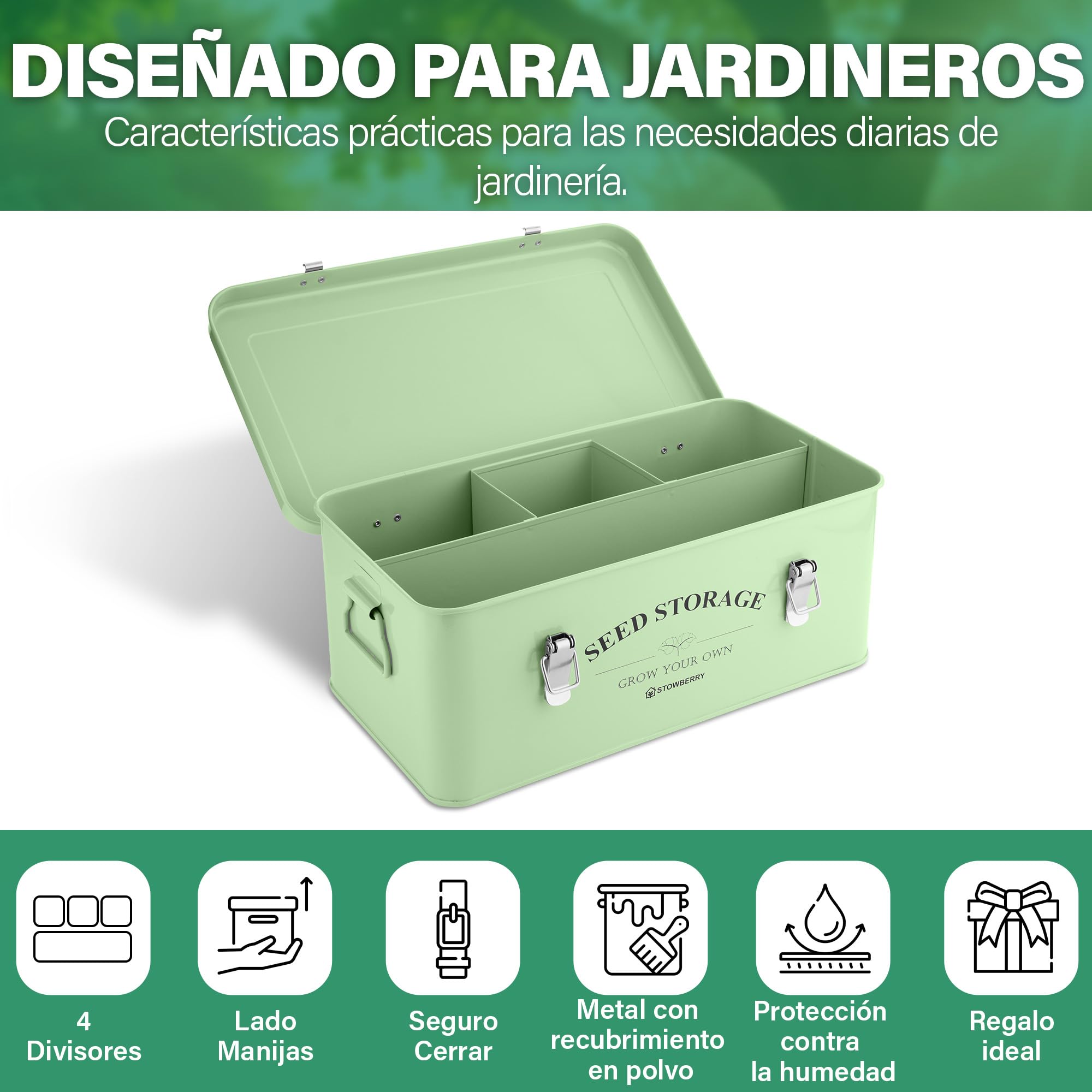 Caja organizadora para almacenar semillas: lata con tapa, asas y 4 compartimentos – Ideal para guardar paquetes de semillas. Regalo de jardinería con más de 200 accesorios.