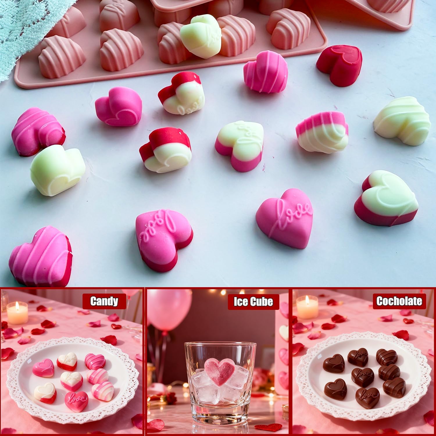 3 Pcs Heart Candy Chocolate Molds, Valentine's Day Mold Mini Heart Shaped Silicone Molds Small heart Ice Cube Mold for Jelly Resin Fondant Candle Valentine’s Day/Anniversary/Wedding DIY Baking - Image 4