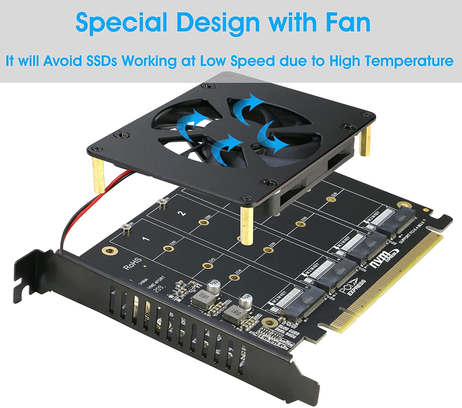 RIITOP Adapter Quad NVMe PCIe 4 porty M.2 SSD na PCI-e 4.0/3.0 x16 karta z obsługą wentylatora 2280/2260/2242/2230 NVMe SSD (PCI-e wymagane rozgałęzienie)