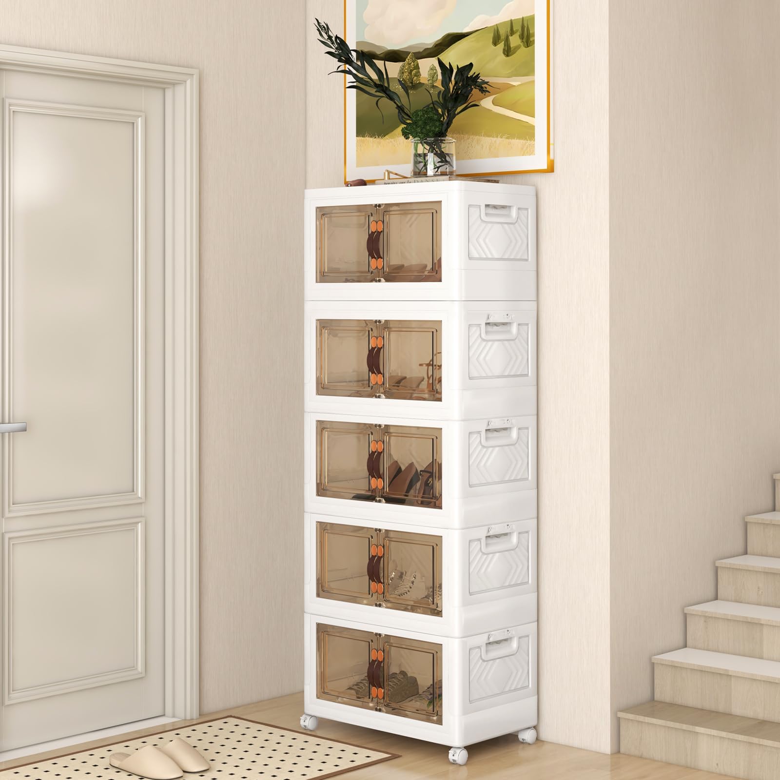 GOPLUS Cajonera de Almacenamiento Apilables Blanca con Cajones, Caja Organizador de PP con Ruedas, Asa, Tapa y Puertas para Sala de Estar, Dormitorio, Estilo Moderno (59,5 x 37,5 x 169 cm)