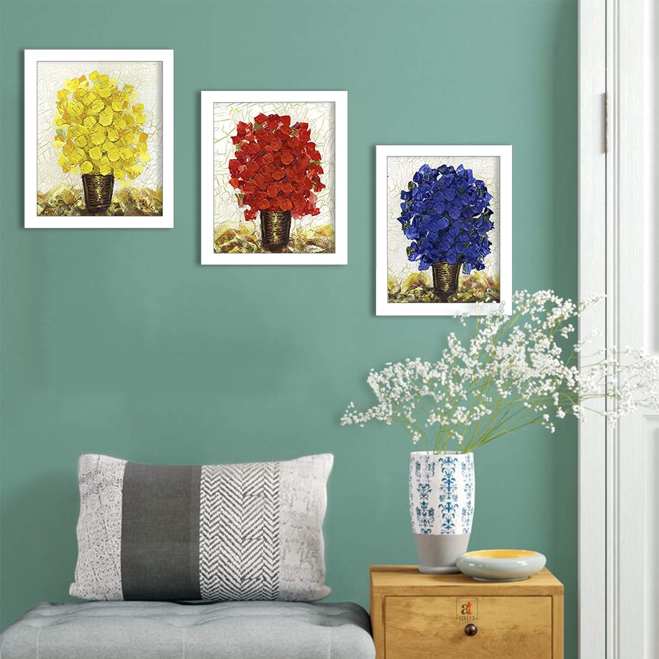 PAINTINGMANTRA - Multi color plants Set of 3 WHITE Framed Painting,UV Textured Art Prints (9 x 11 inch)