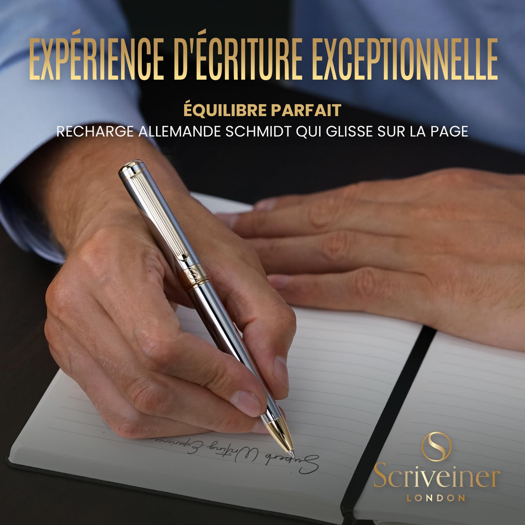 Scriveiner Stylo Bille Coffret Stylo à Bille Argent avec Finition Plaqué or véritable, Rechargeable et Rétractable, Beau Cadeau pour Homme & Femme avec Boîte, Accessoire de Bureau Professionnel