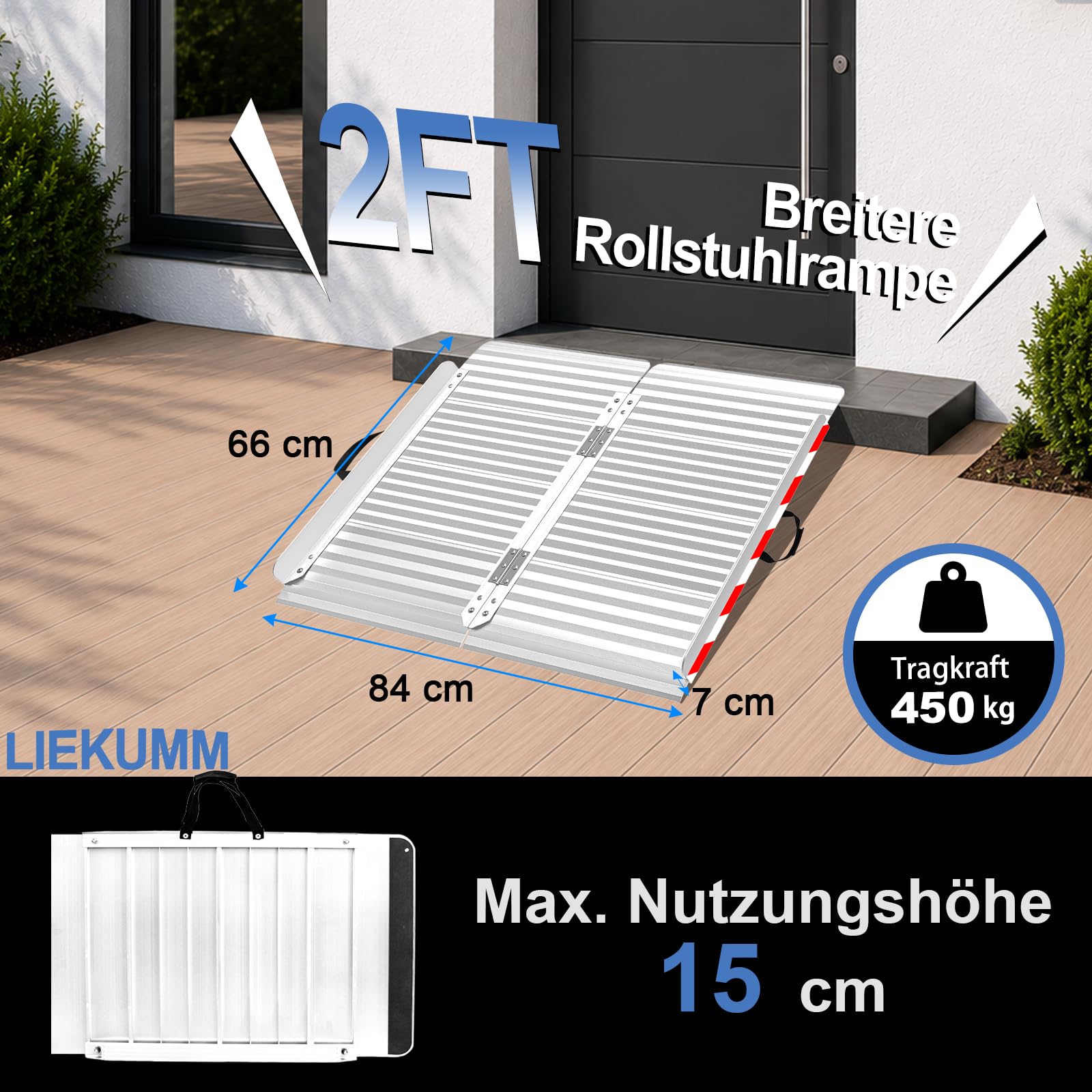 LIEKUMM Rampa per Sedia a Rotelle, 66x85cm Rampe per Disabili con Superficie Antiscivolo, Carico 400 kg Rampa pieghevole in alluminio