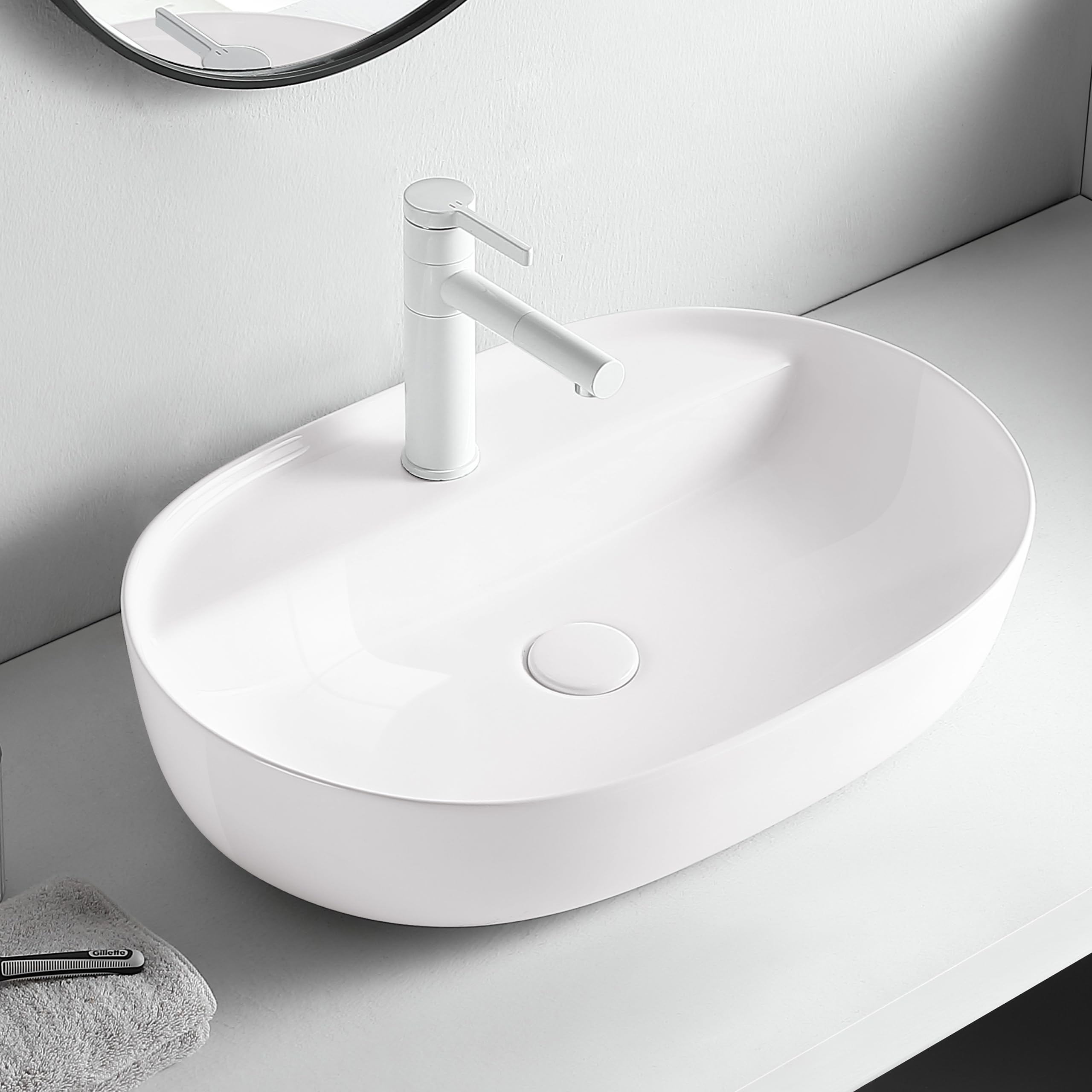 AQUAUNO Lavabo sobre encimera Lana, ovalado, 61,5 x 41,5 cm, cerámica blanca con agujero para grifo sin rebosadero, cuenco de lavado de cerámica sanitaria para baño