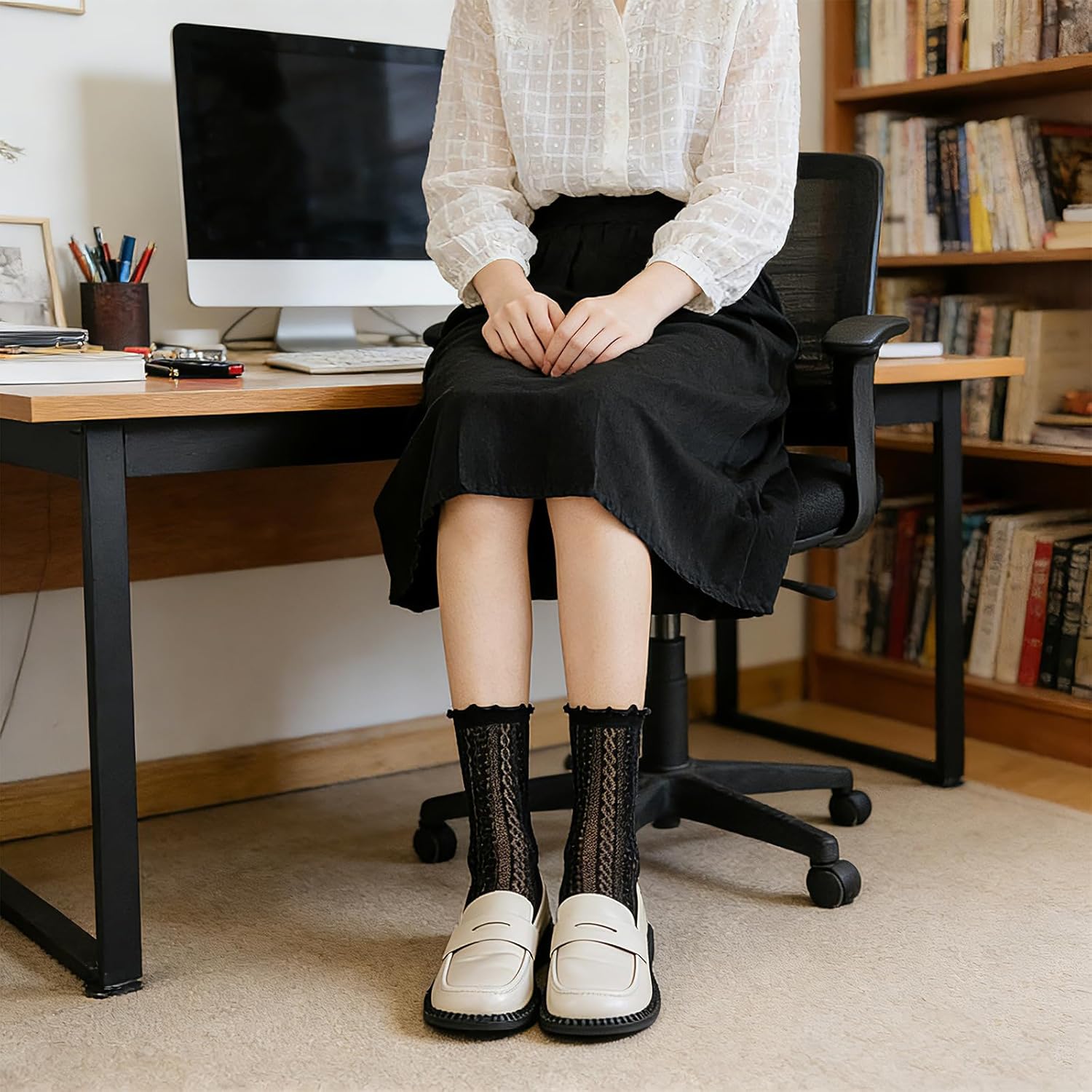 Cityelf 7 Pack Women's Black Ruffle Socks Mesh Lace Cotton Casual Crew Ultra Thin Frilly Ankle Socks - Image 7