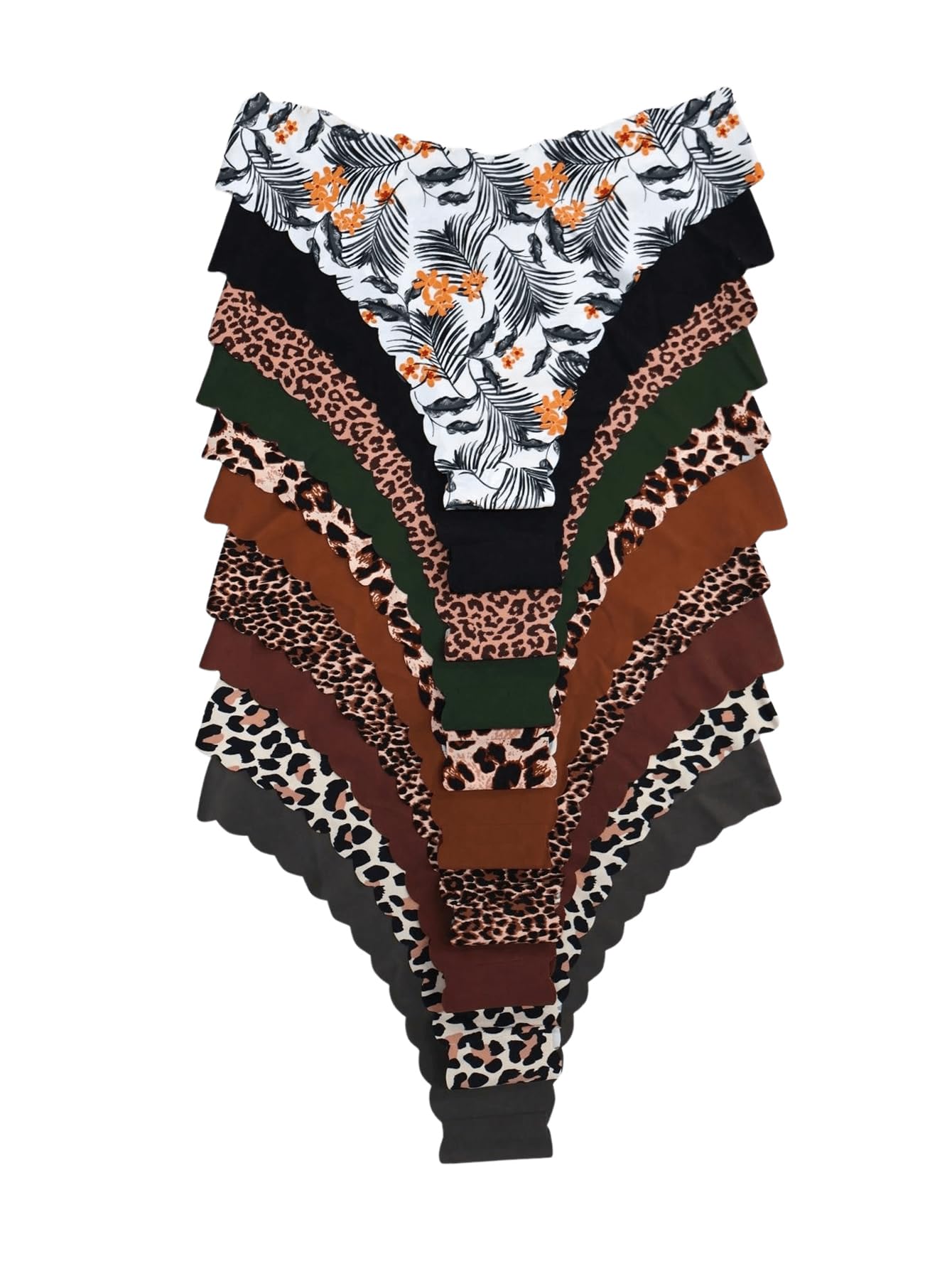 BEAUDRM Women's 10 Pack Thongs Set Leopard Print Seamless Brief Floral Scallop Mid Rise No Show Panty Set