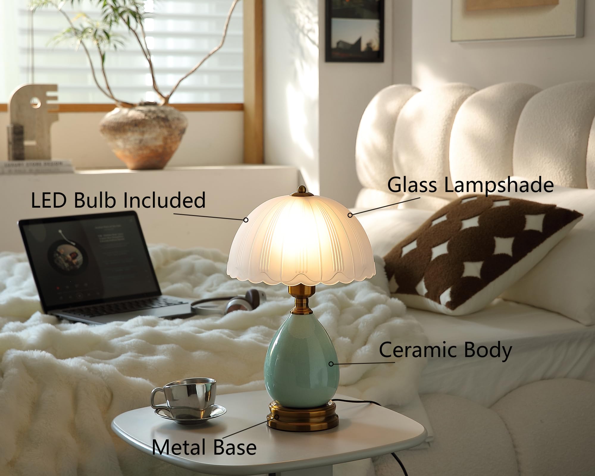 Lámpara vintage para sala de estar, lámparas de mesa de cerámica modernas de 16 pulgadas para dormitorio, mesita de noche retro lámparas tradicionales, lámpara verde china clásica para 6