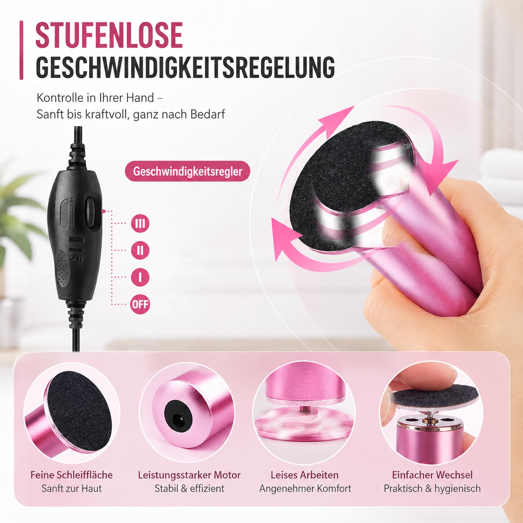 2027 NEU Electric Foot Callus Remover, FußSchleifer mit 60 Schleifscheiben, Stufenlose Geschwindigkeitsregelung für Abgestorbene Haut, Rissige Haut, Hornhaut (Schwarz+Silber)