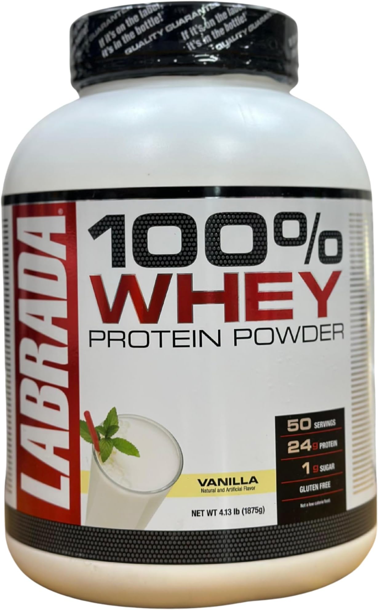 Labrada Nutrition 100% Whey Protein (Vanilla, 4.13 lbs/1875 g, 50 servings) 24g Protein, 1 g Sugar, No Trans-fat, High in Glutamine & Gluten Free