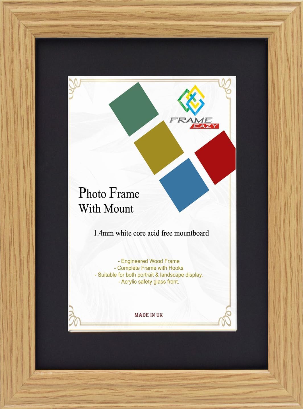 FRAME EAZY Oak 8x8 Photo Frame with 6x6 Black Mount - Antique Style Picture Frame With Safe Perspex Front - Frame 8" x 8" For Picture Size 6" x 6"