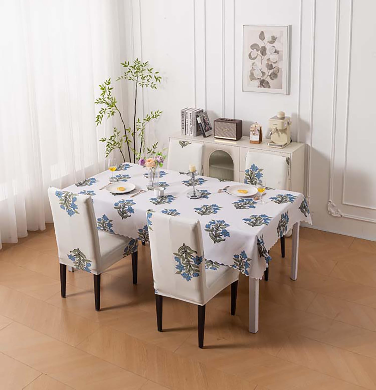 House of Quirk Dining Table Cover Waterproof with 4 Chair Covers for Kitchen Dining Table Cloth Dust and Oil Repellent (Beige Wildflower, 1 Table Cover + 4 Chair Cover)