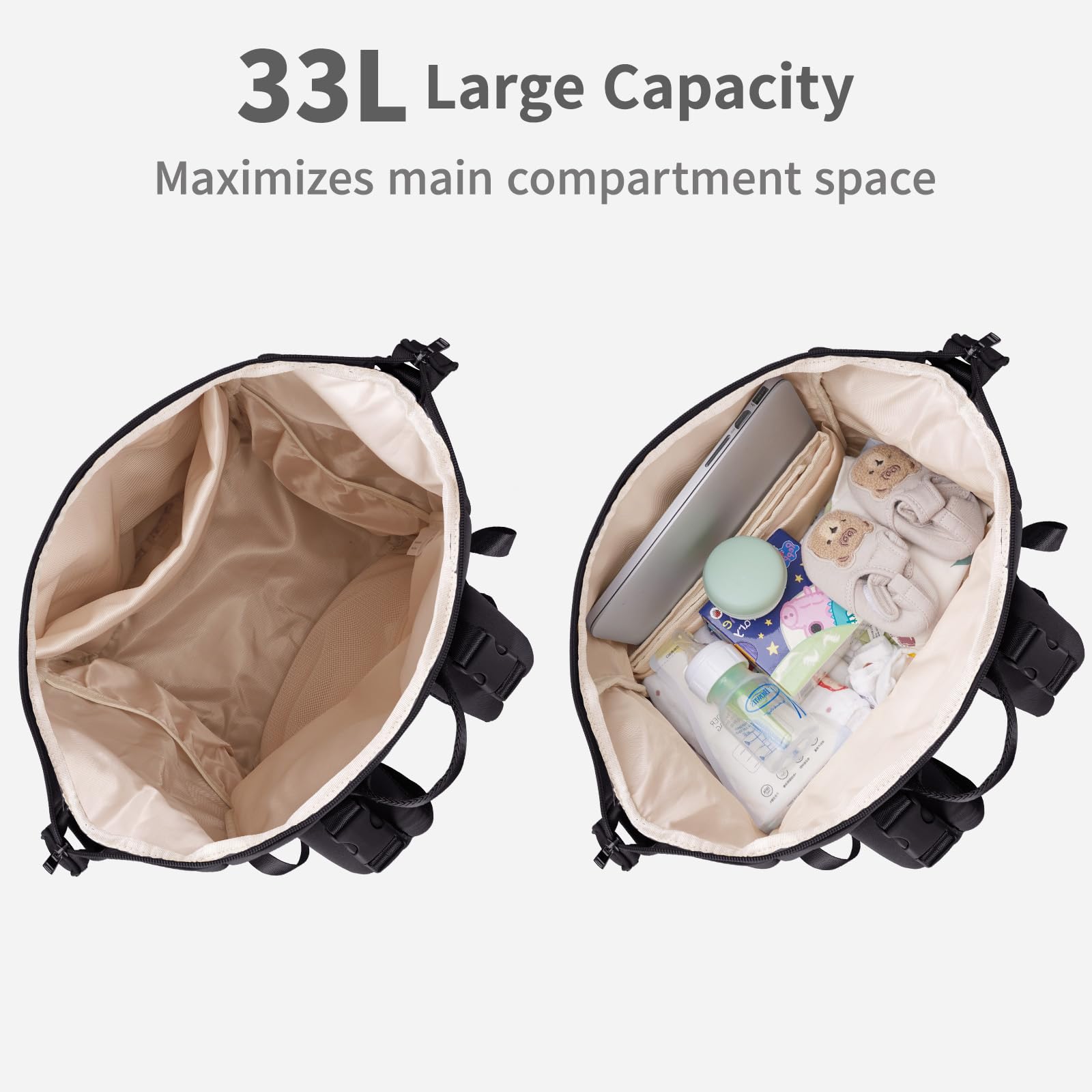 CEI-CEI Sac à Dos à Langer Bébé Grande Capacité à Large Ouverture, Poches Isothermes pour Biberon, Matelas à Langer Portable Inclus, Néoprène Résistant à l’Eau, Noir