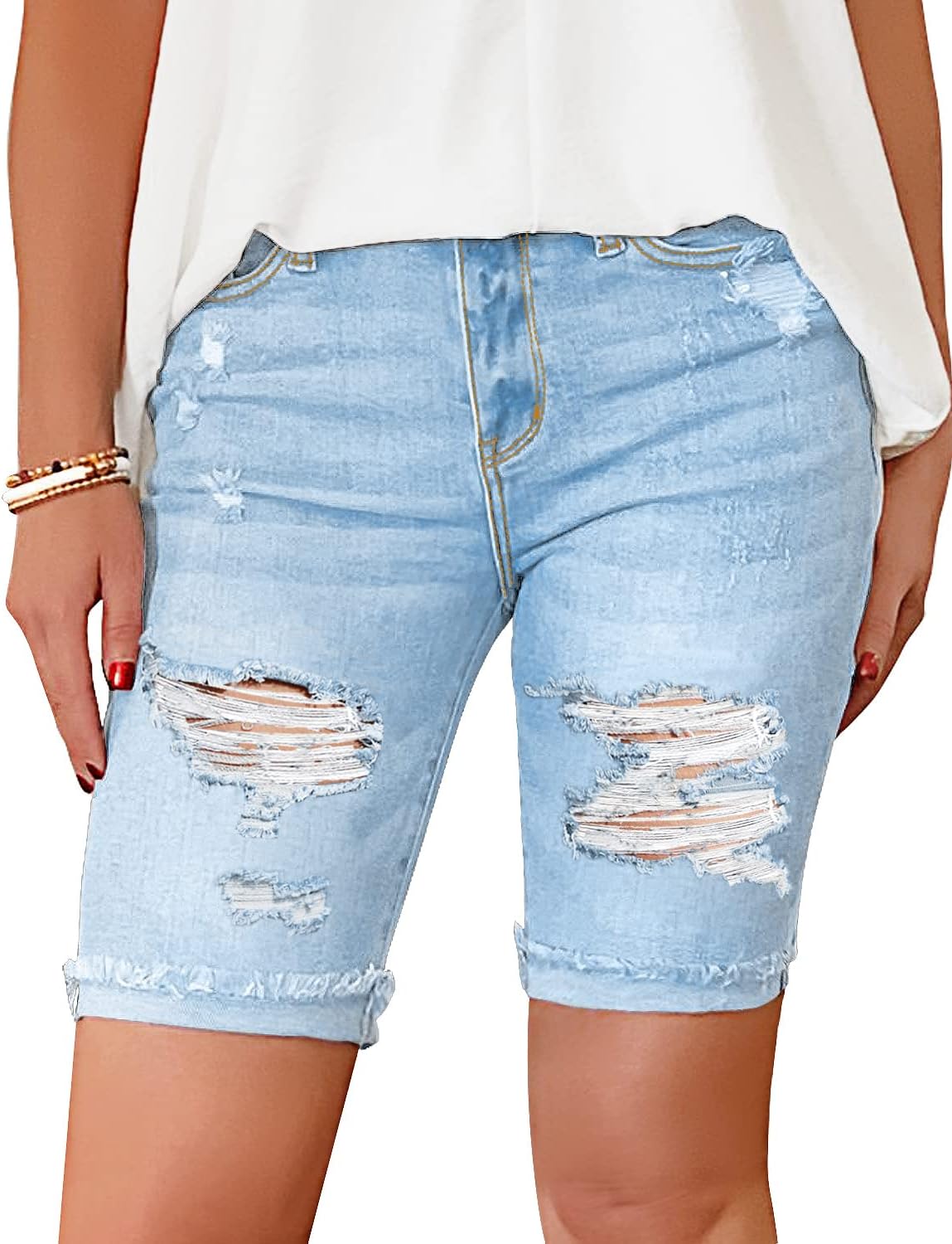 luvamia Women High Waisted Stretch Bermuda Shorts Ripped Rolled Hem Jean Shorts - Image 3