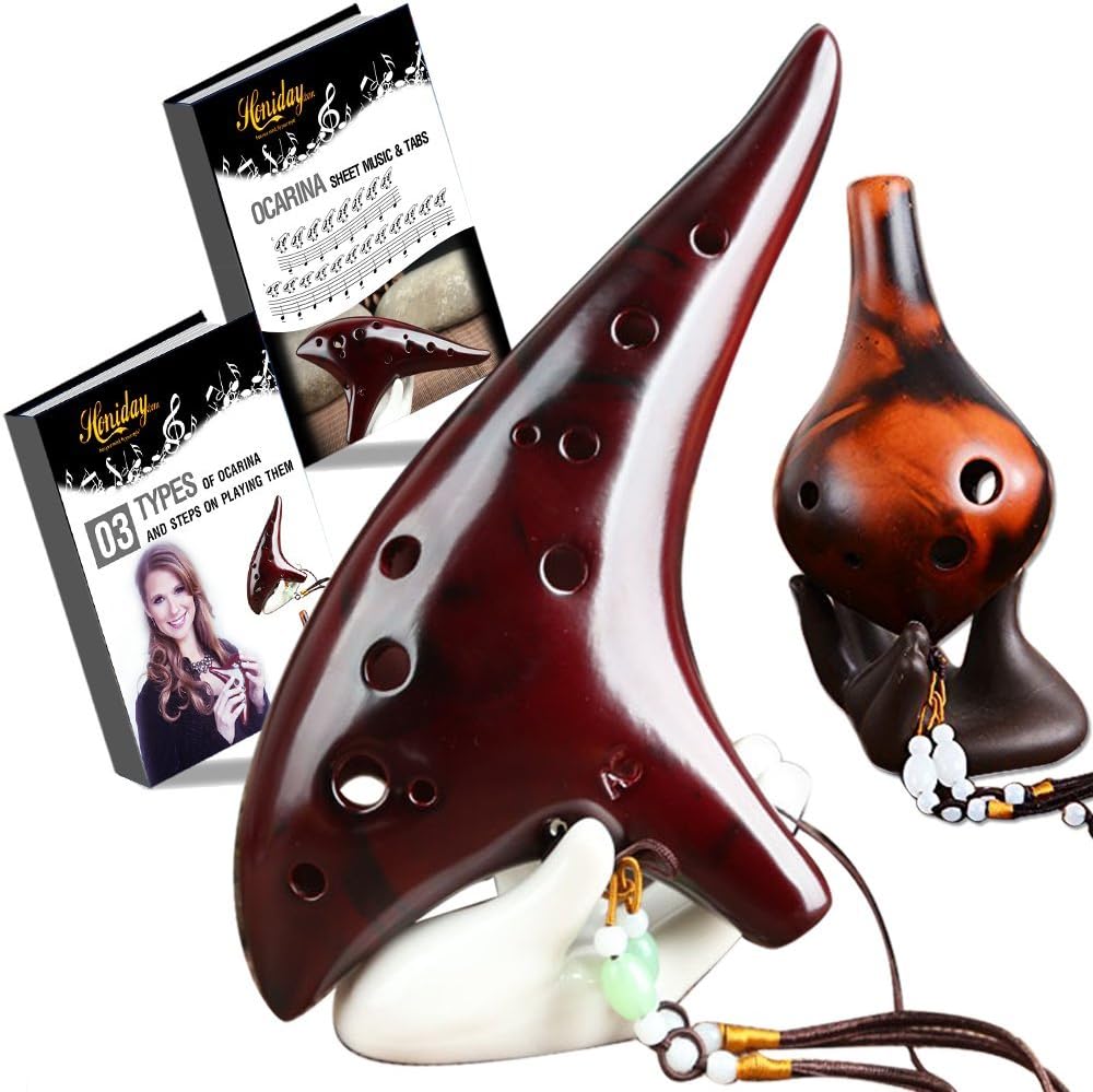 Ocarina Flute Musical Instrument (12 Hole) Play Video Game Music | Beginner | Includes 6 Hole Ocarina, Tutorial Songbook, 2 Display Stands, Travel Carry Bag