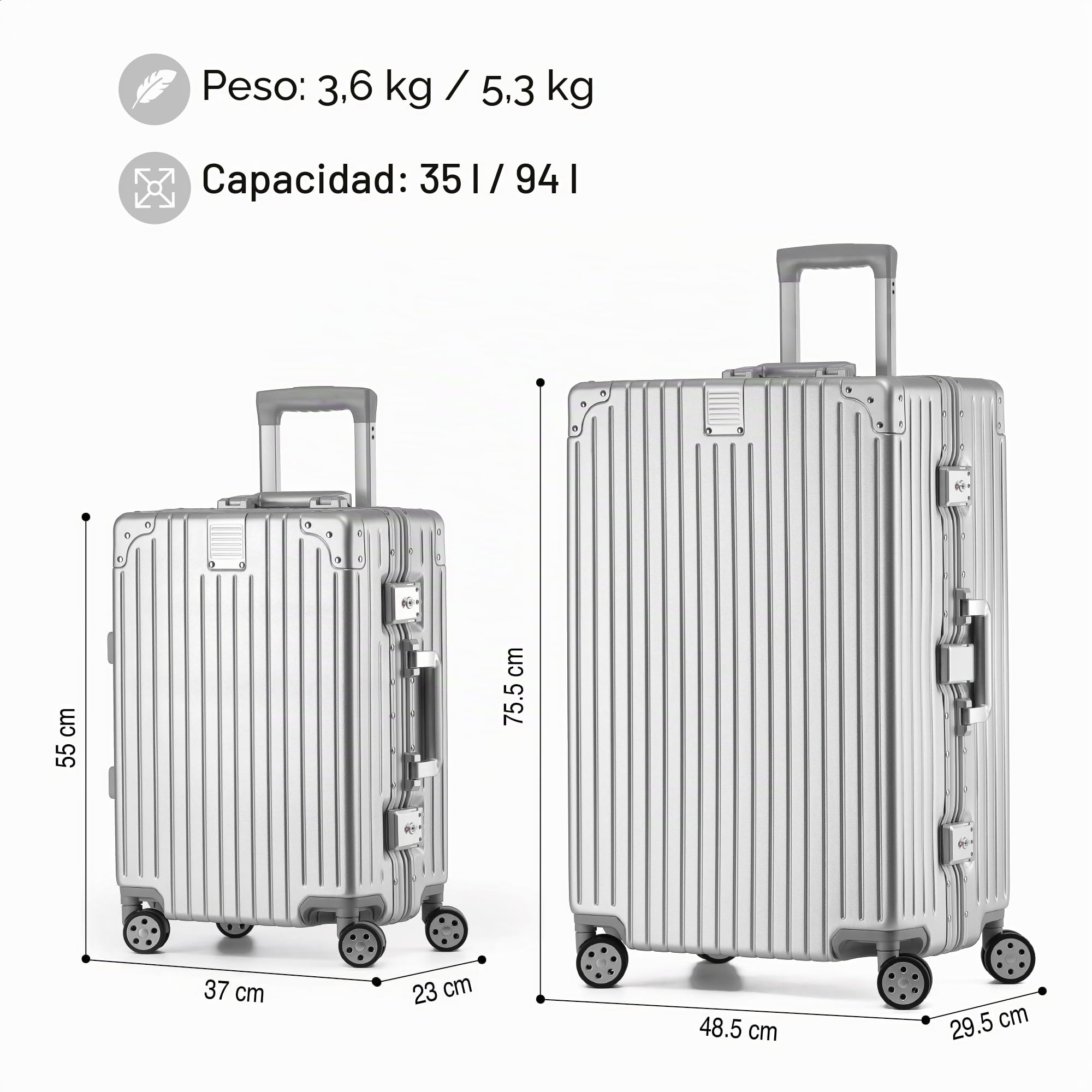 KOFA Zurich - Juego de maletas (2 piezas, M-55 cm y XL-75 cm, marco de aluminio, carcasa rígida, maleta de check-in, maleta de viaje, spinner con 4 ruedas y doble cierre TSA de 35 L + 94 L), plata,