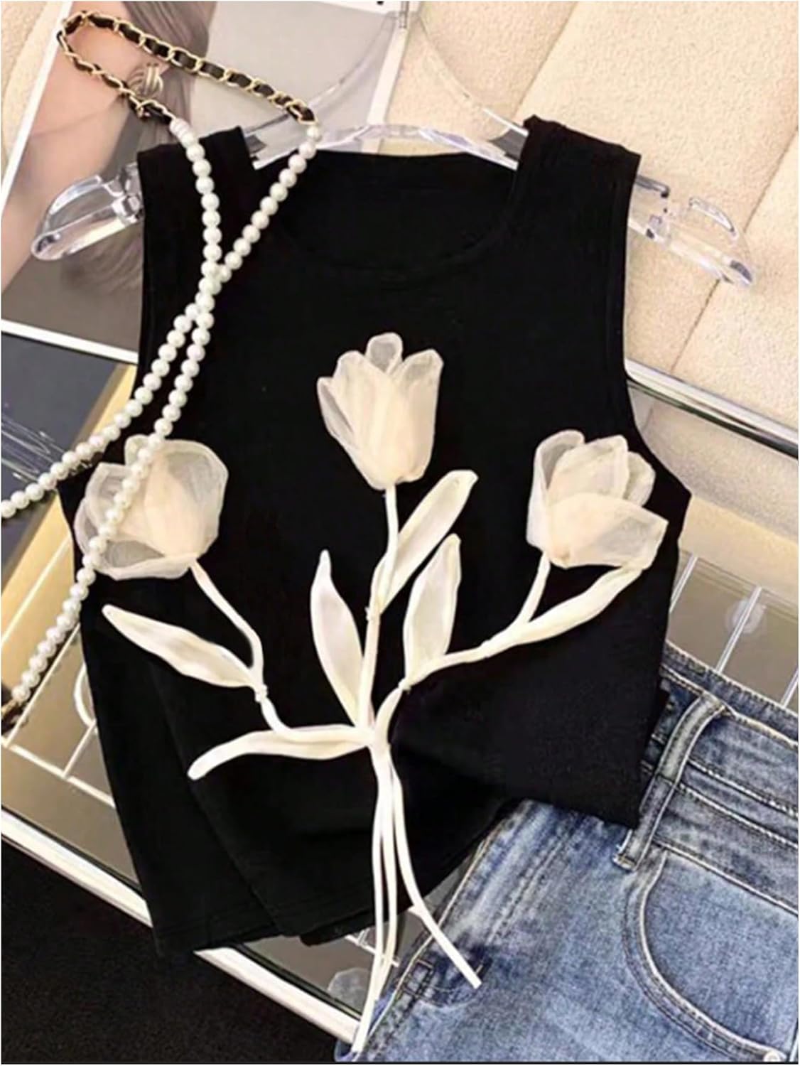 SHENHE Women's Summer 3D Flower Tank Top Crew Neck Sleeveless Fitted Dressy Going Out Top - Image 5
