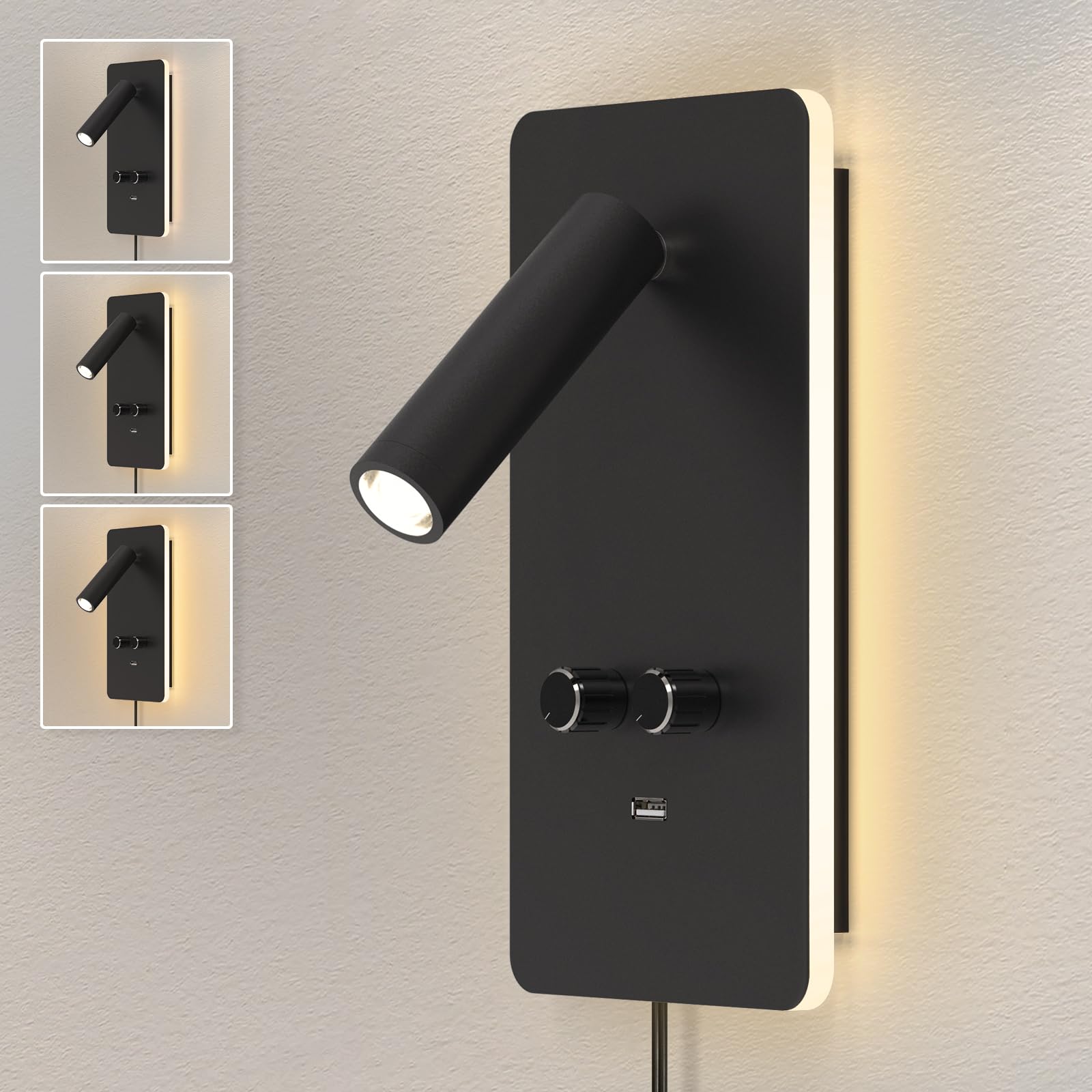 M04 Ścienna lampa do czytania z regulacją jasności (0,9-3,7W) - LED z podświetleniem 1,2-6W, port USB, do montażu na wtyczkę lub stałe podłączenie，Czarny