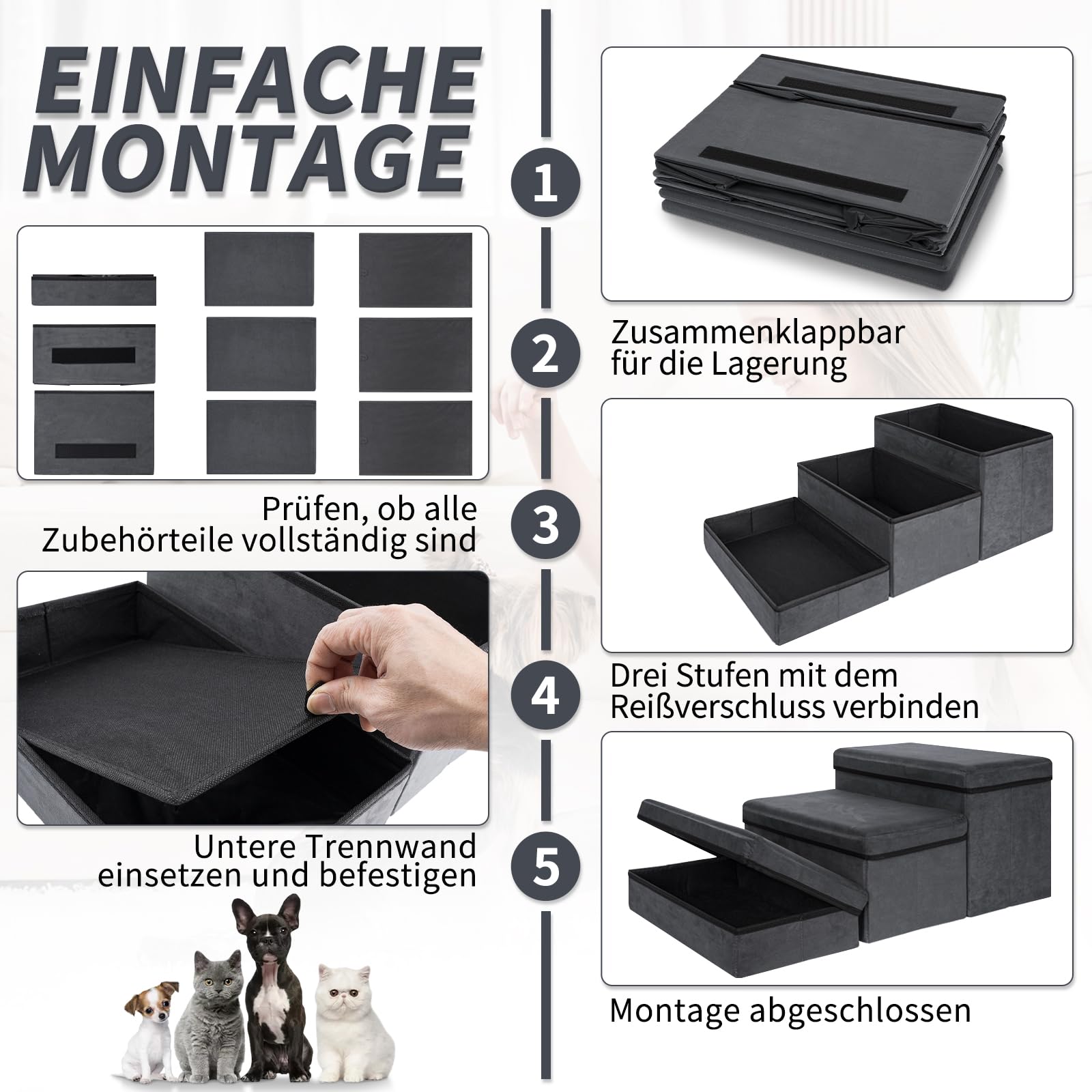 OUUTMEE Escalera para mascotas, 3 peldaños, escalera para perros plegable con espacio de almacenamiento, escalera para perros para camas, sofás, escaleras para gatos viejos, perros, capacidad de carga