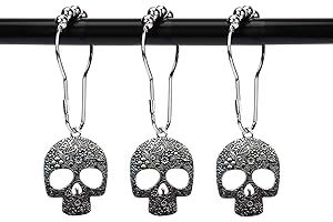 Set of 12 Silver Sugar Skull Shower Curtain Hooks: Stylish Bathroom Decor
