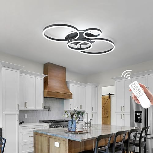 Miniatura 2 de O'NEELDY Lámpara de techo moderna de montaje empotrado, lámpara LED negra para montaje en techo, 4 anillos, lámpara de araña LED con control remoto