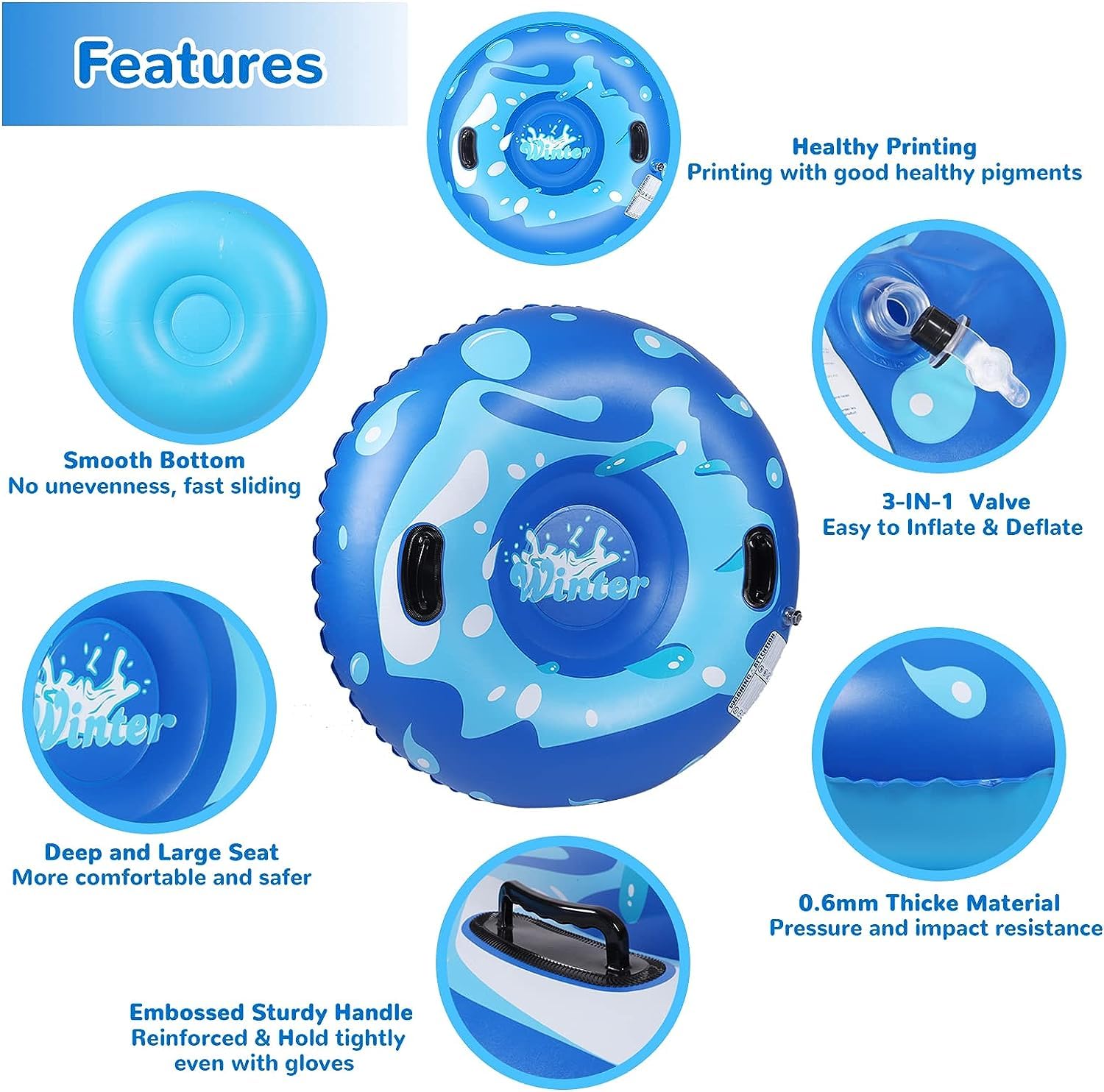 KEUCL Snow Tube, 47 Inch Cold-Resistant Inflatable Big Snow Sled for Kids and Adults, Thickened Heavy Duty Hard Bottom Sleds Snow with Handles, Winter Toys for Outdoor Sledding Snow Tube Sports