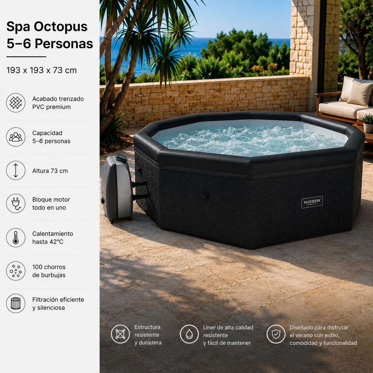 Nixspa SPA Exterior Hinchable semirrígido 5-6 Personas 193 x 193 x 73 cm con 100 chorros de Burbujas, Calentamiento hasta 42°C y filtración silenciosa