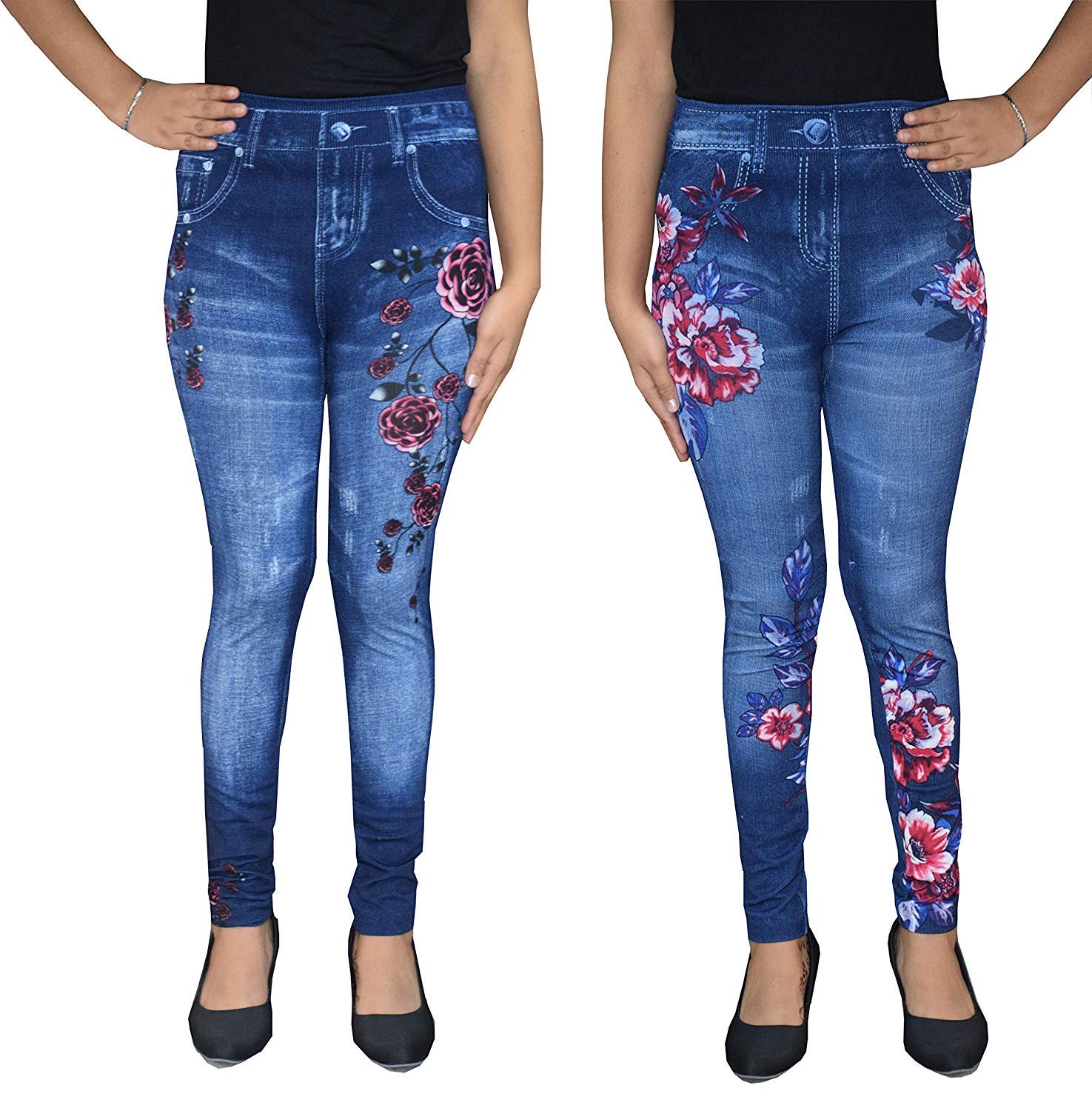malvina Stretchable flower printed denim look leggings for womens, (Blue size:26"-34")(Pack of 2)-picture-16