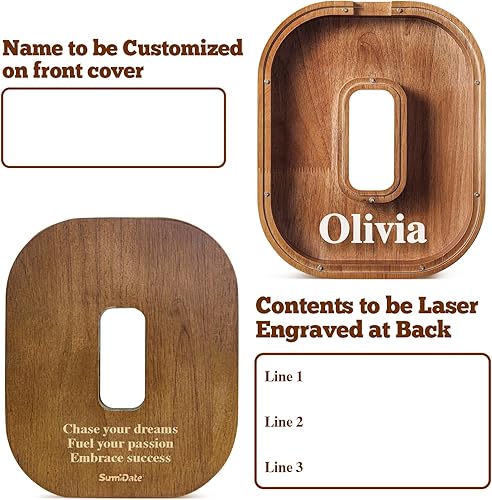 Miniatura 302 de SummiDate Alcancía de madera con nombre, niños y niñas, tamaño grande, letras alfabeto A-Z, monedas y billetes, inicial en cubierta transparente