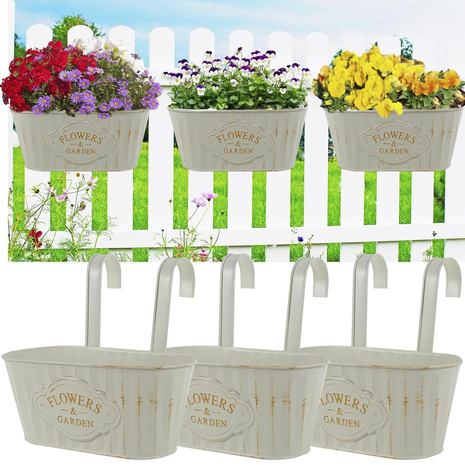 Gatphy 6Pcs Hanging Flower Pots Outdoor For Fence, Metal Hanging Flower Bucket With Drainage Decorative Railing Planter Box Metal Bucket Planter For Porch Railing Balcony Fence Patio(6Pcs)