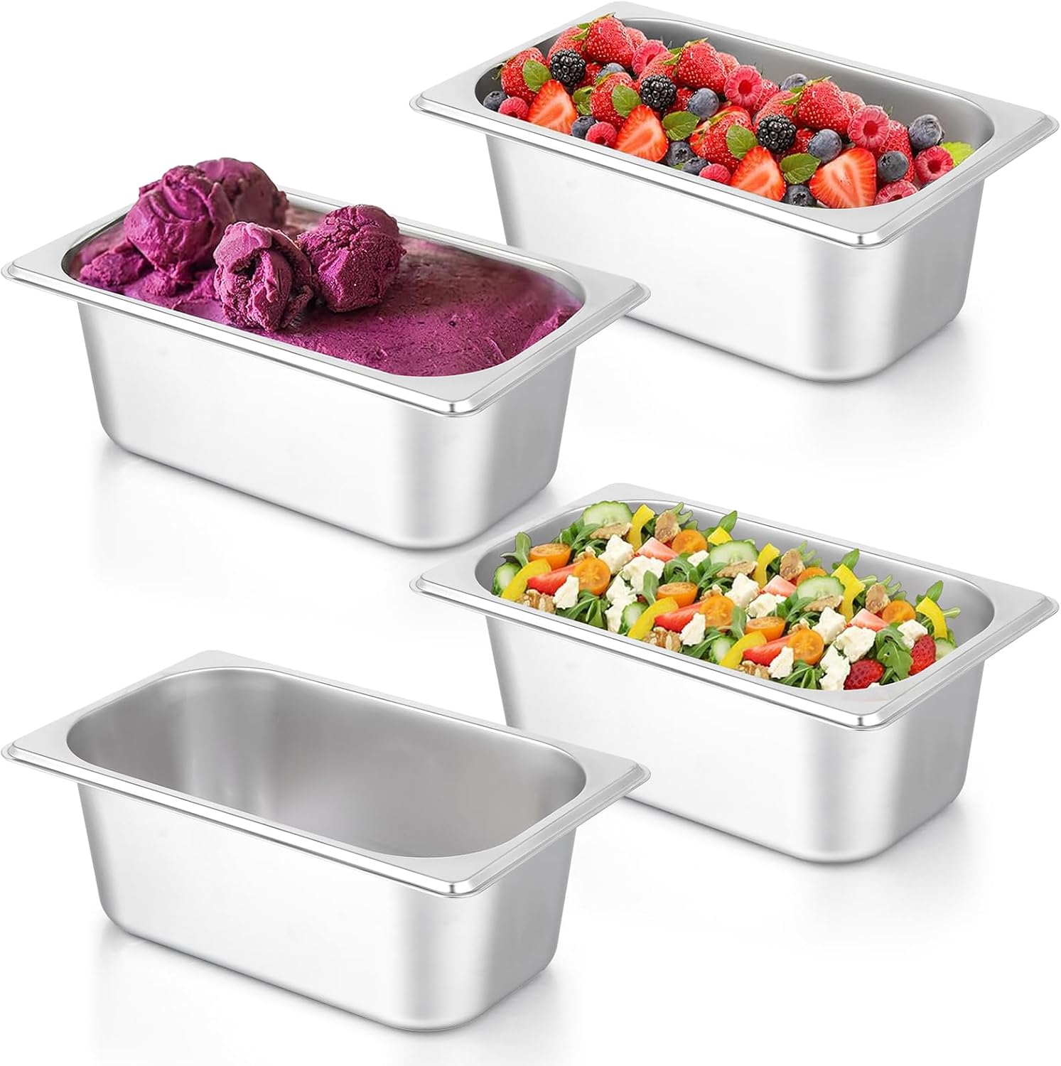 4 Pack Hotel Pans, 1/4 Size 4" Deep Stainless Steel Steam Table Serving Pan, Buffet Dinner Catering Food Pans, Warmer Breading Tray Batter Pan for Restaurant Salad Bar Party Supplies