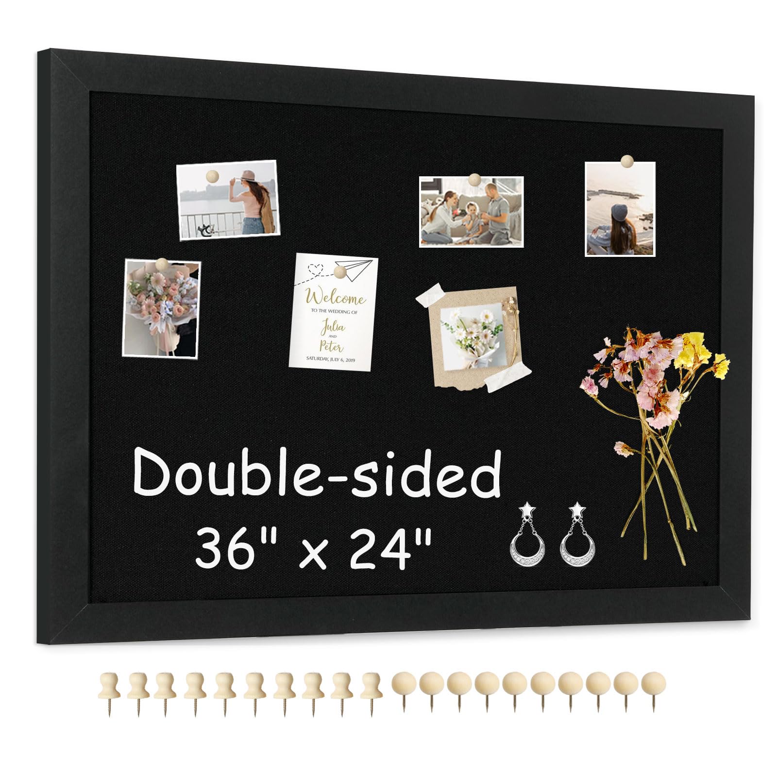 Photo 1 of AMUSIGHT Double-Sided Black Cork Board with Linen, 36" x 24" Hanging Wood Framed Large Bulletin Board, Picture Display Vision Board Kit Corkboards for Wall Room School Office Decor, 20 Pushpins Black - 1pcs 36" x 24"