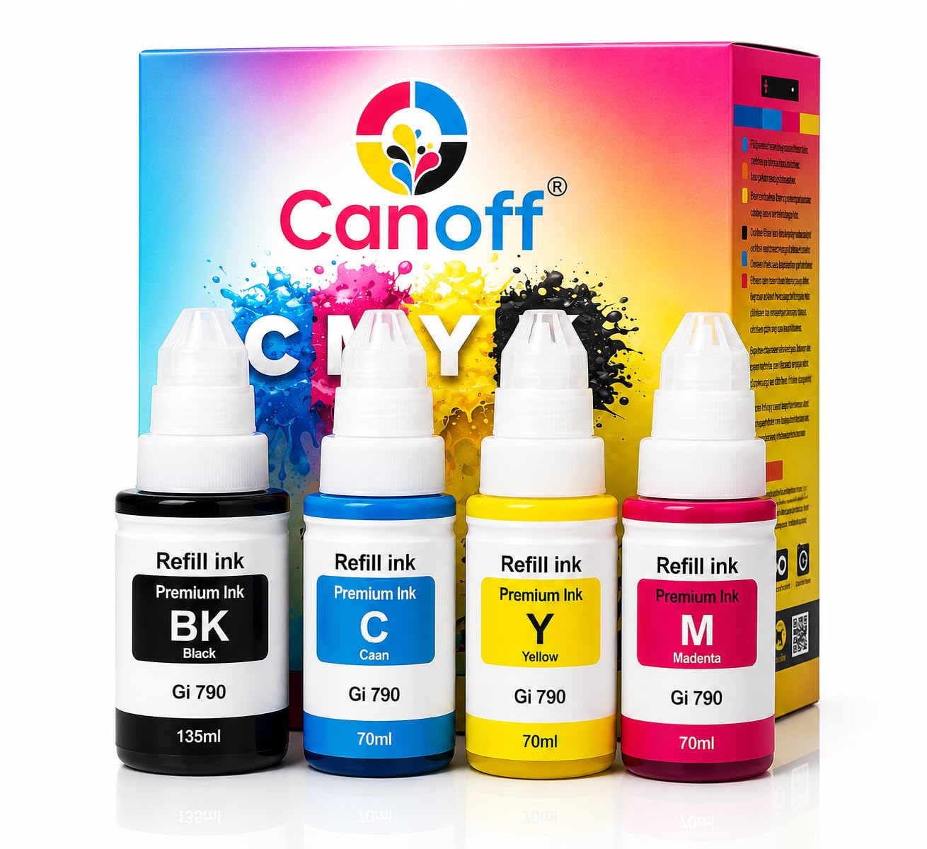CANOFF GI-790 Compatible Refill Ink Bottle Set for Ink Tank Printers – 4 Color Pack (Black,Cyan,Magenta,Yellow) | Suitable for G1000,G1010,G2000,G2010,G3000,G3010,G4000,G4010,G1012 (Gi-790 CMYK)