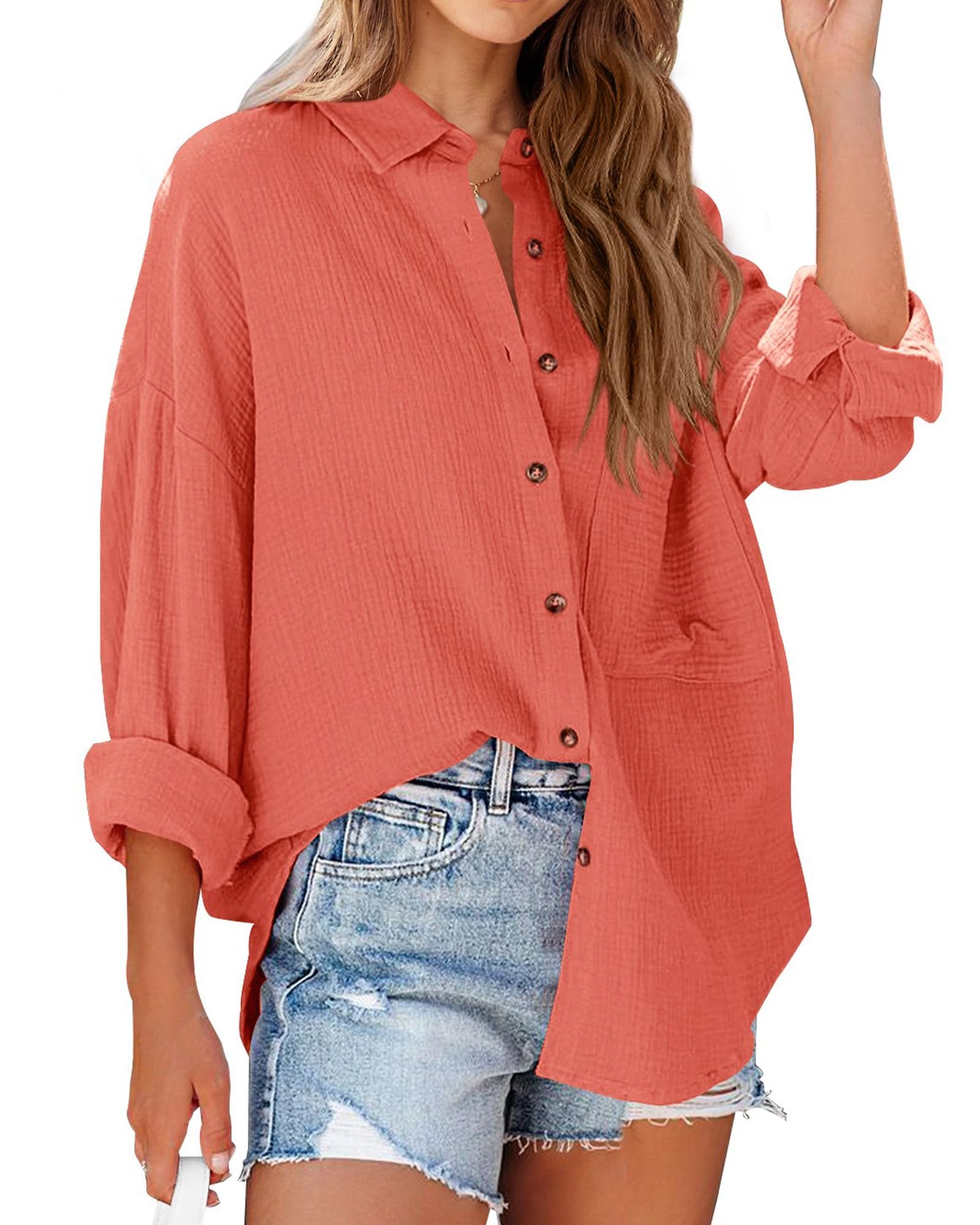 NOLLSOM Casual Shirts for Women Long Sleeve Button Down Blouses Fall 2026 Solid Color Trendy Tops with Pocket