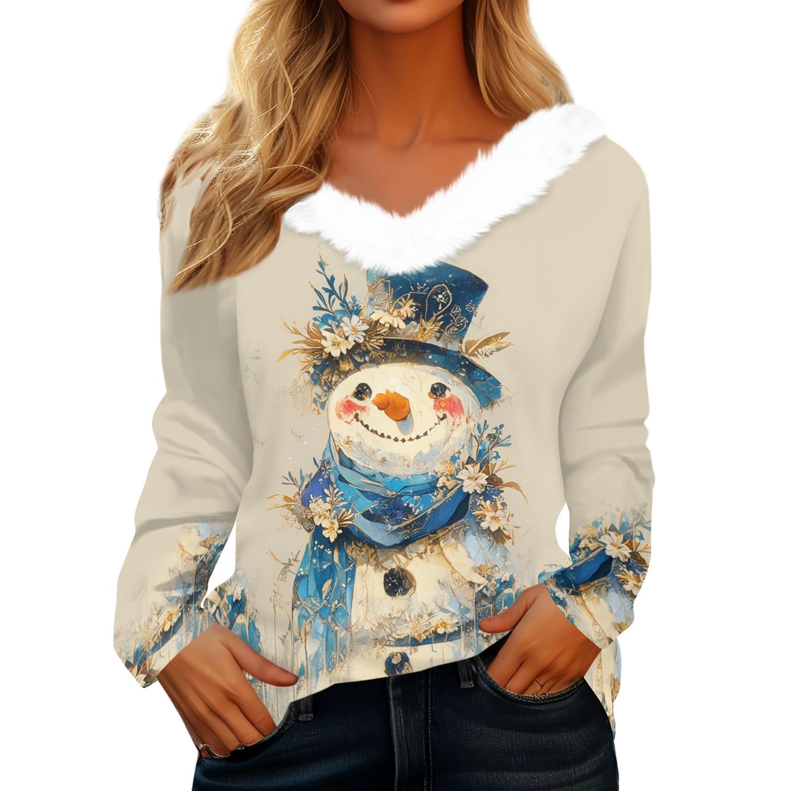 Ladies Christmas Party Top Faux Fur V Neck Long Sleeve Festive Print Beige